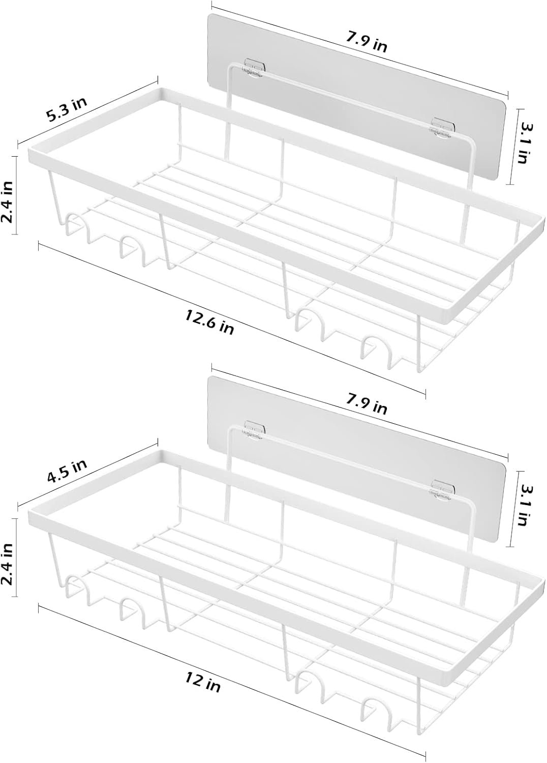 2 Pack Adhesive White Shower Caddy Organizer with Hooks, Rustproof No Drilling Wall Mounted Storage Shelf Rack for Inside Shower/Bathroom/Kitchen - Image 6