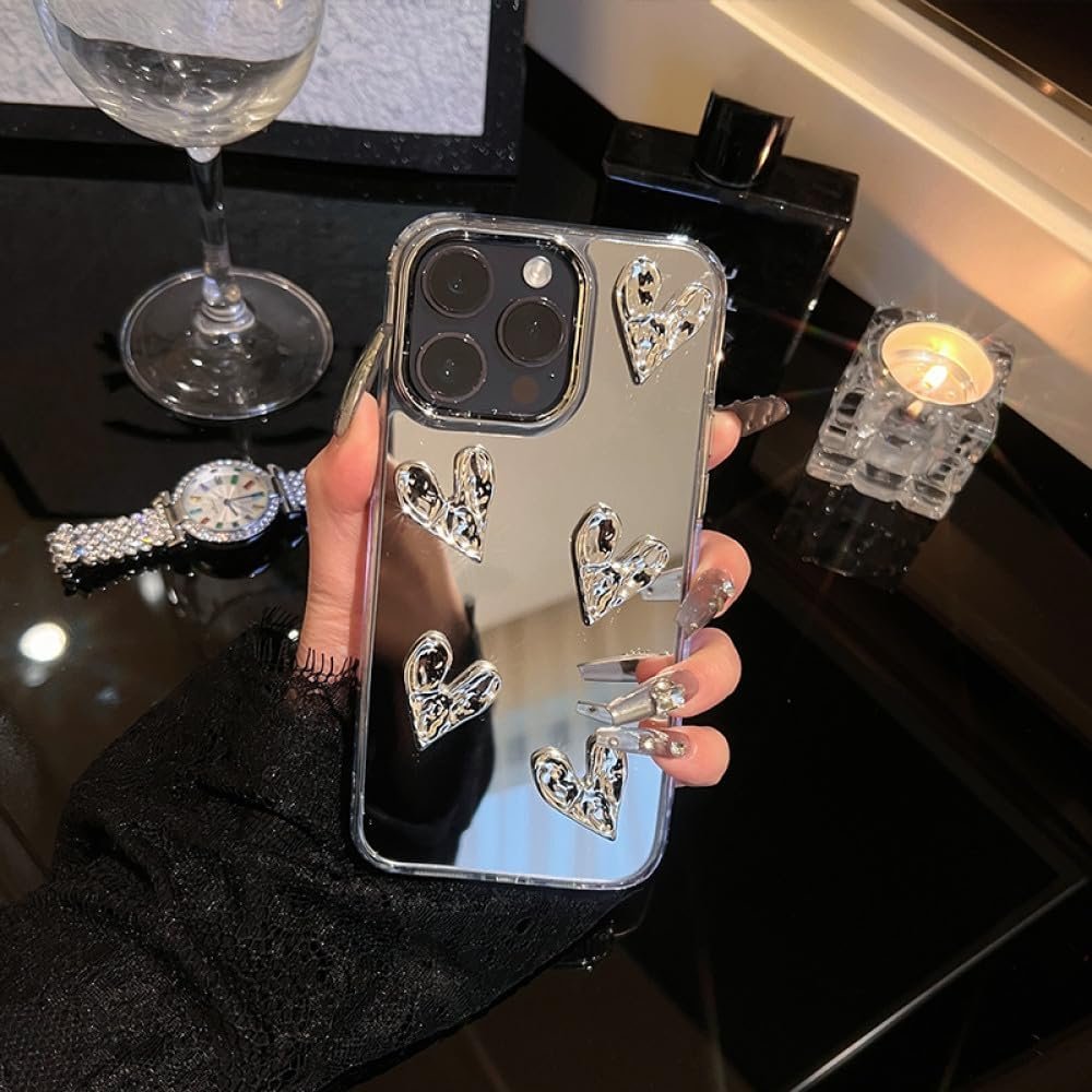 Stylish Korea Cute 3D Heart Bracelet Phone Case for iPhone 15 13 14 11 12 Pro Max Silvery Mirror Cover Girl Electroplated Shell,Silver,for iPhone 15 - Image 7