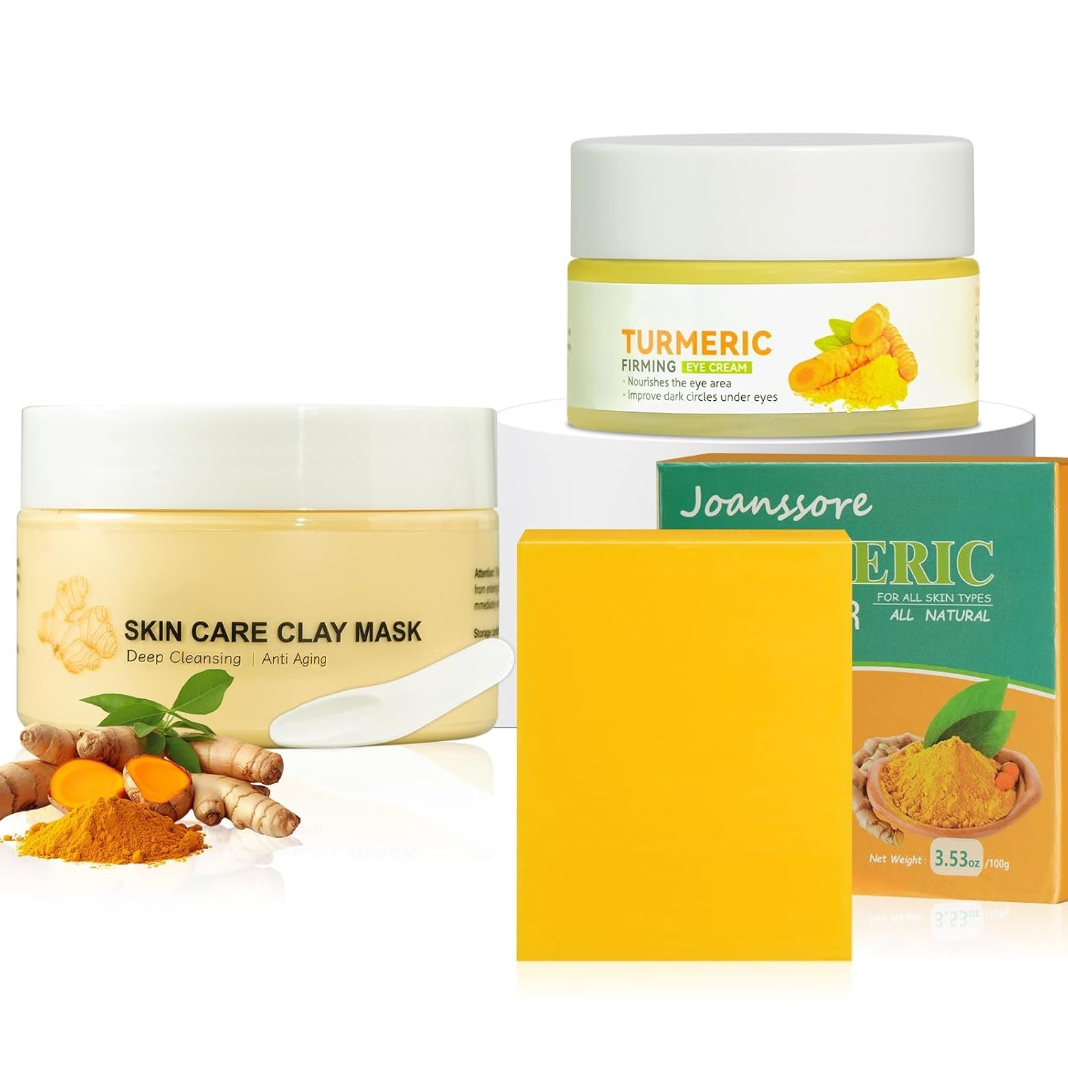 Turmeric Soap Bar Turmeric Clay Mask Turmeric Eye Cream Set of 3, Turmeric Facial Mask for Face with Kaolin Clay, Control Oil & Deep Cleansing, Natural Turmeric Soap for Acne, Blackheads & Smooth Skin - Image 2