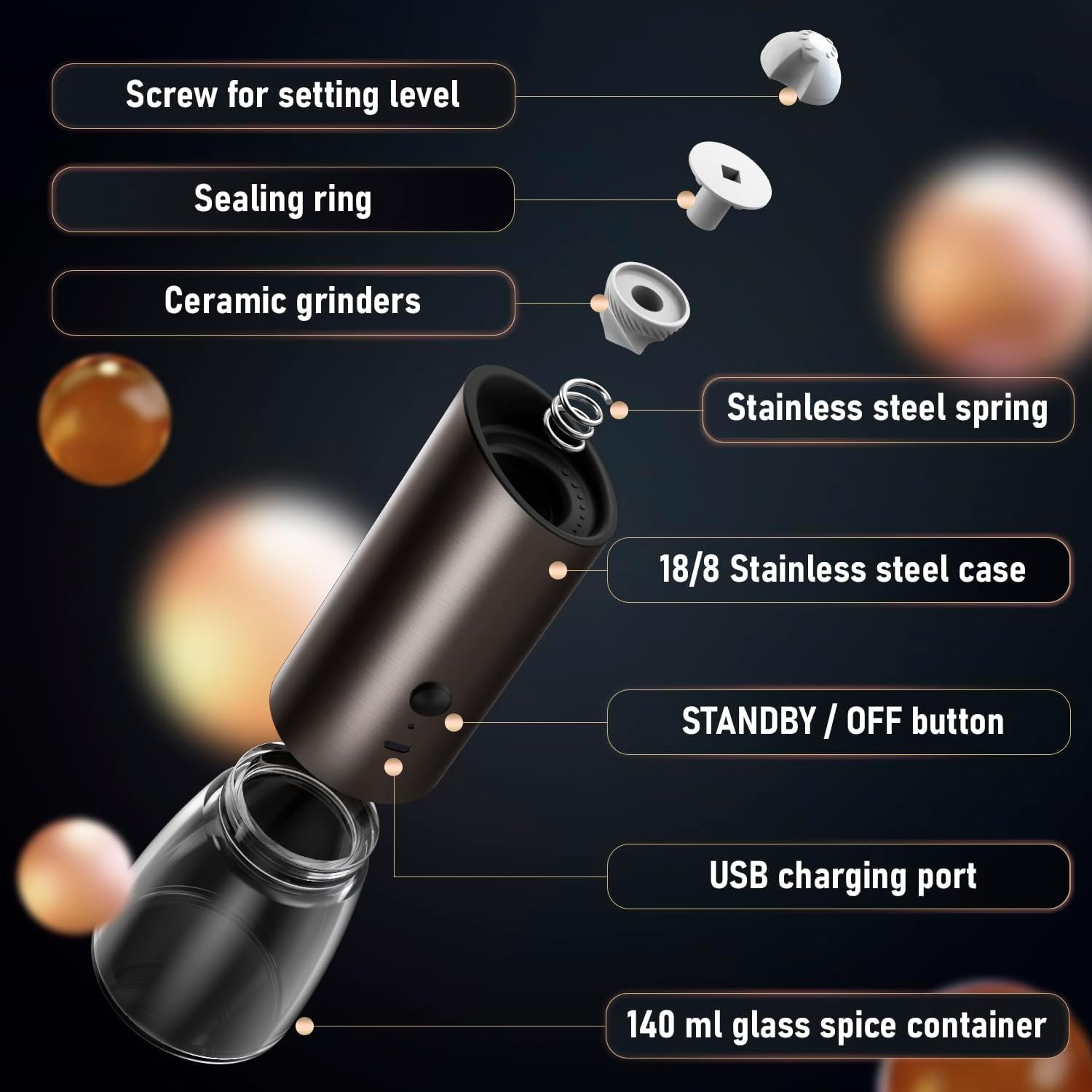 Electric Salt and Pepper Grinder Set with Adjustable Coarseness, LED Light and a Bamboo Base – Rechargeable Stainless Steel Spice Grinder for Kitchen - Automatic Salt and Pepper Shakers - Image 7