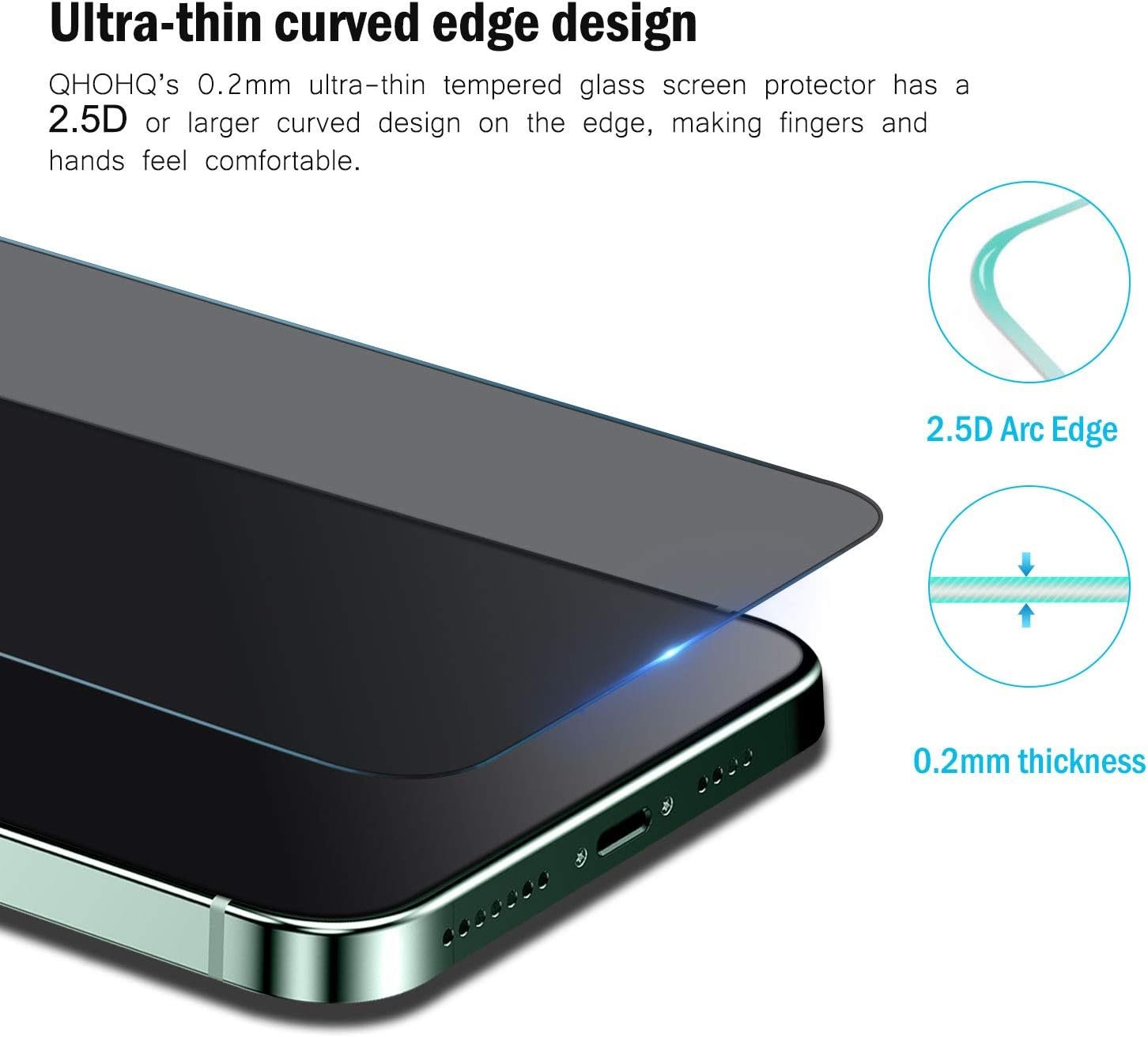 QHOHQ 2 Pack Privacy Screen Protector for iPhone 12 6.1" with 2 Packs Camera Lens Protector,Full Screen Tempered Glass Film,9H Hardness Anti-Shatter, Anti Spy, Touch Sensitive - Case Friendly - Image 4