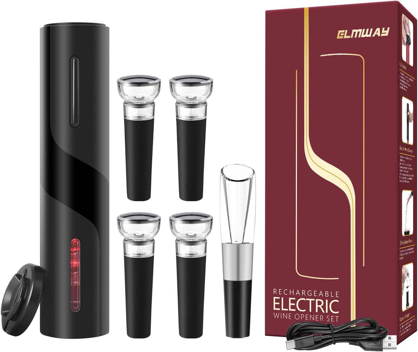 Electric Wine Opener Set, Rechargeable Wine Bottle Opener with Foil Cutter / 4 x Vacuum Stoppers/Premium Wine Aerator Pourer, Wine Corkscrew Remover, Automatic Wine Opener Gifts(Black) - Image 2