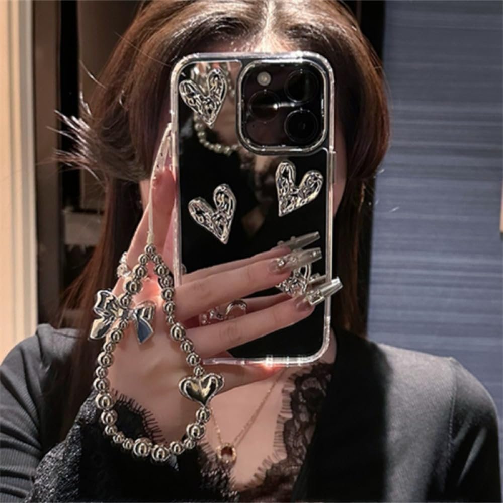 Stylish Korea Cute 3D Heart Bracelet Phone Case for iPhone 15 13 14 11 12 Pro Max Silvery Mirror Cover Girl Electroplated Shell,Silver,for iPhone 15 - Image 2