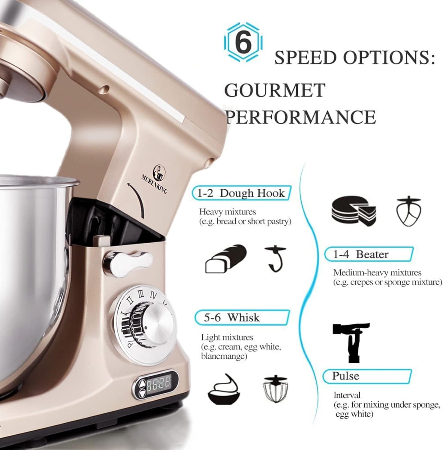 Professional Stand Mixer, 6-Qt with Timer, MK37 500W 6-Speed Tilt-Head Food Electric Mixer Kitchen Machine,Plastic (Champagne) - Image 4