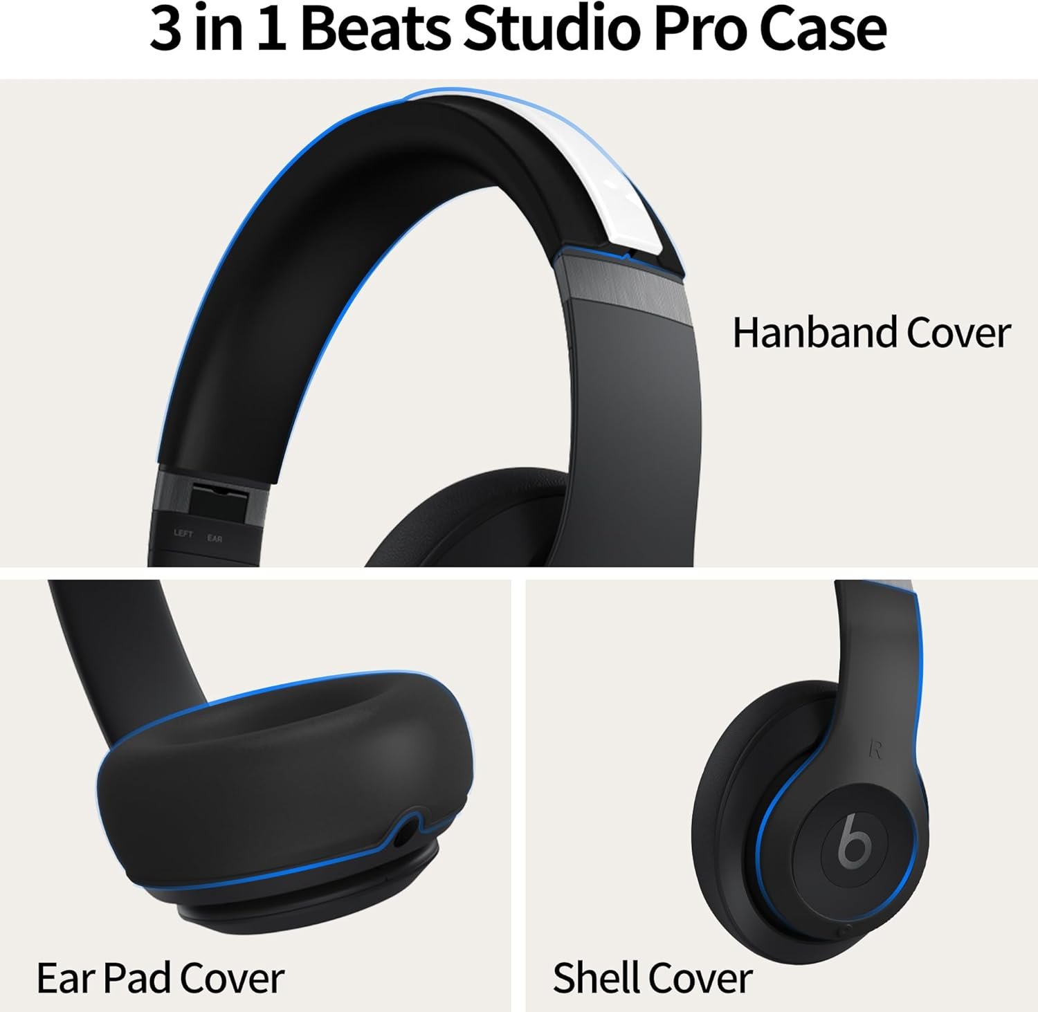 【3 in 1】 Silicone Case for Beats Studio Pro, Anti-Scratch Ear Pad Case Cover/Shell Cover/Headband Cover for Beats Studio Pro, Accessories Soft Silicone Skin Protector for Beats Studio Pro (Black) - Image 5