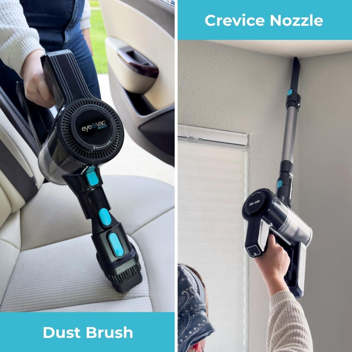EyeVac Reach 6-in-1 Cordless Stick Vacuum | Lightweight Powerful Suction for Hard Floors & Rugs | 35 min Runtime, Rechargeable, LED Lights, Brushless Motor, Great for Pet Hair (Black w/Turquoise) - Image 4