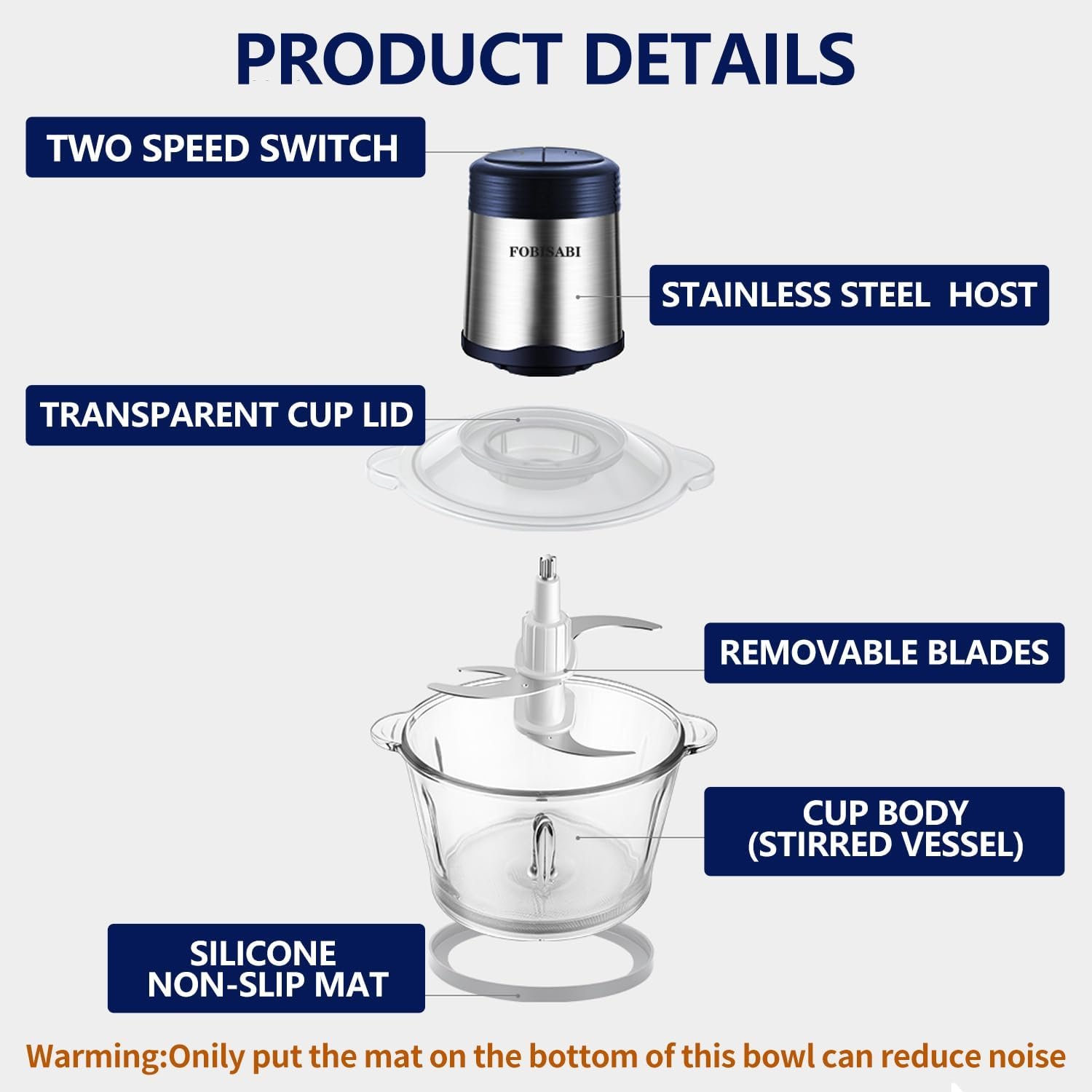 Food Processor- Electric Meat Grinder and Food Chopper With 2 Bowls (8 Cup+ 8 Cup) with Powerful 300W Copper Motor- Includes 2 Sets of Bi-Level Blades for Meat Vegetables Fruits and Baby Food (Blue) - Image 8
