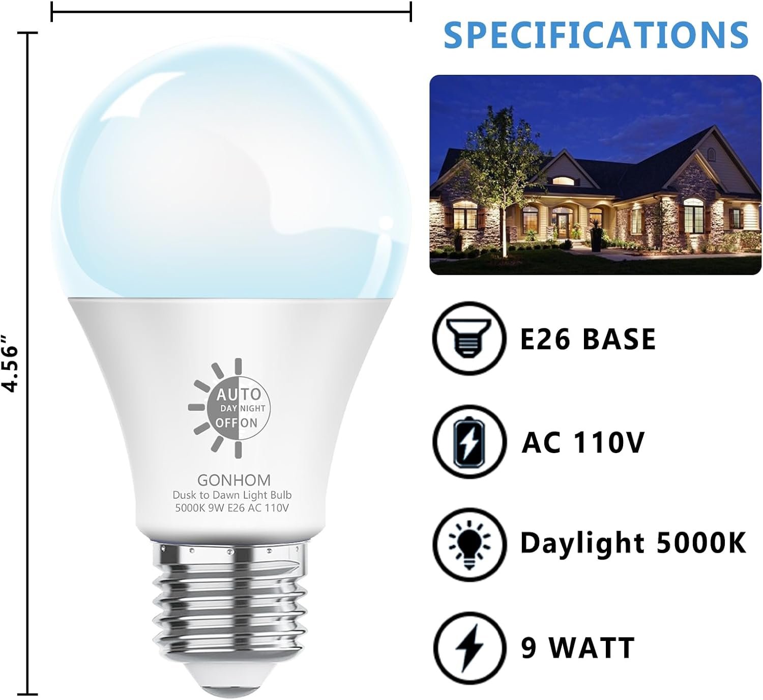 2 Pack Dusk to Dawn Light Bulbs Outdoor, 5000K-Daylight, 720LM, 9W(60W Equivalent) A19 E26 Automatic On/Off LED Light Bulbs, Dusk to Dawn LED Outdoor Lighting for Porch Garage Patio - Image 7