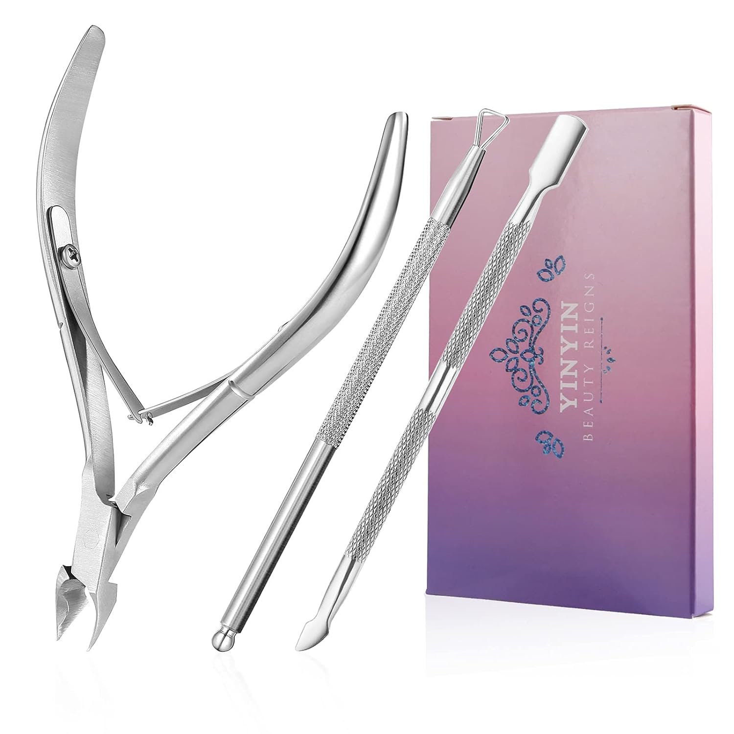 Cuticle Trimmer with Cuticle Pusher and Cutter-YINYIN Cuticle Remover Nippers Professional Stainless Steel Cutter Clippers,Pedicure Manicure Tools for Fingernails Toenails(Silver) - Image 2