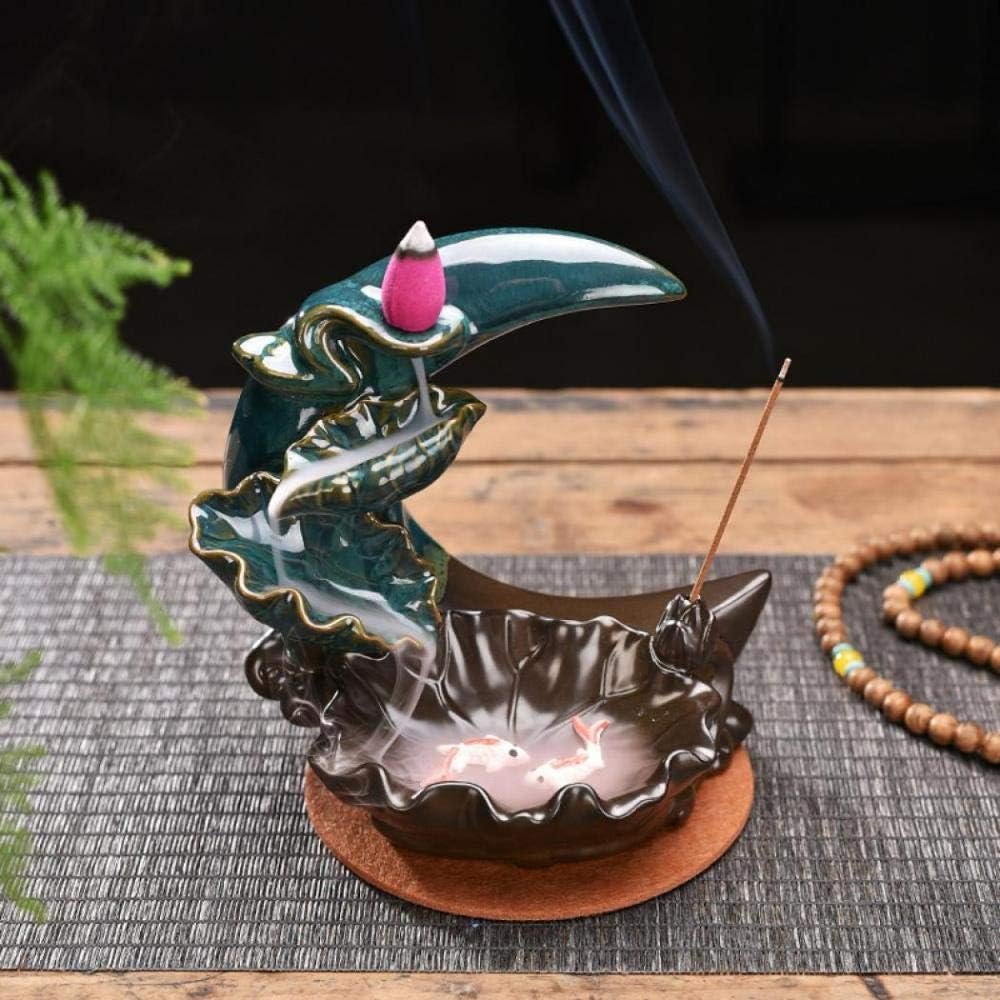YYW Backflow Incense Holder Incense Burner Waterfall with 20 Incense Cones+30 Incense Stick,Lucky Fish Aromatherapy Ornament Home Decor (Moon and Fish) - Image 3