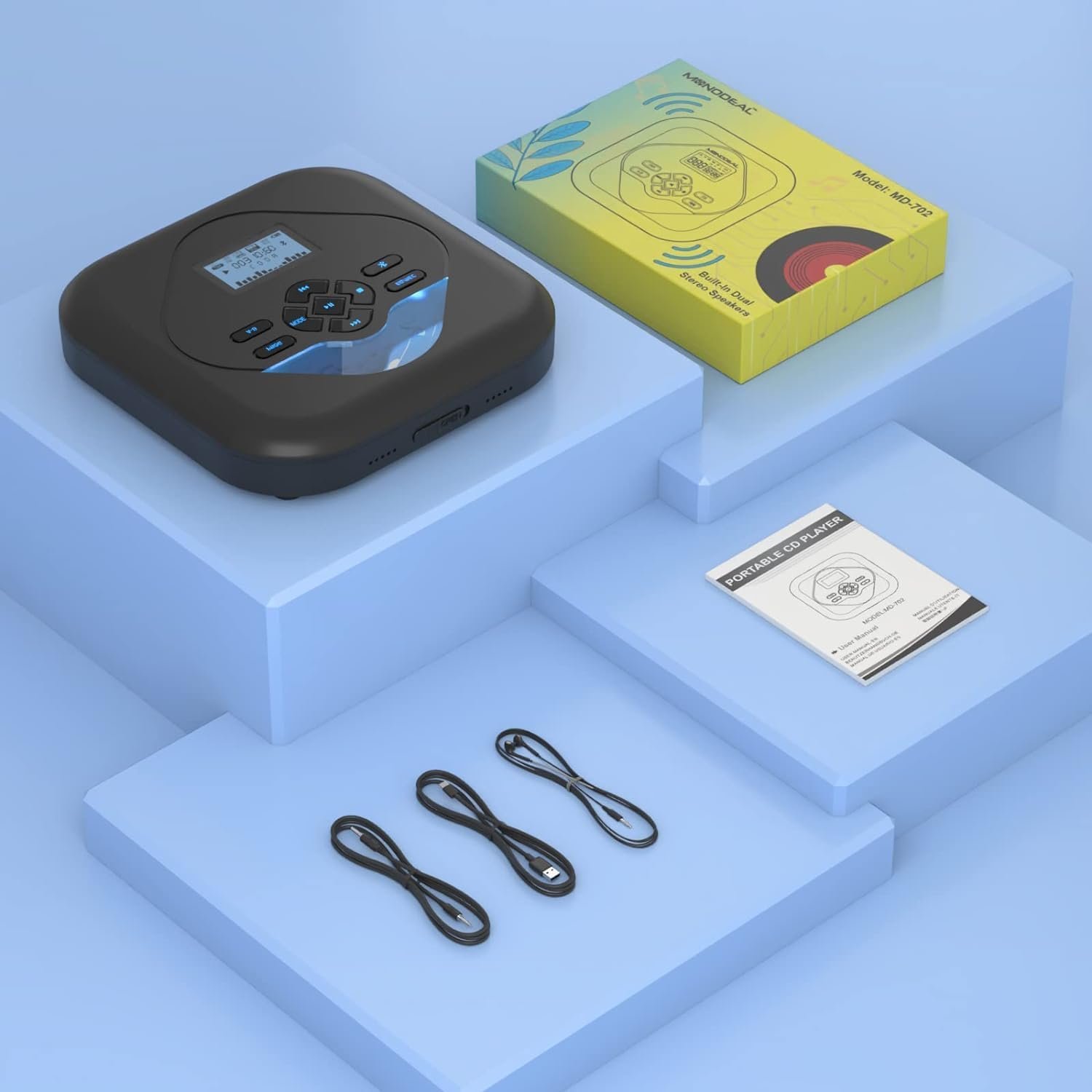 MONODEAL CD Player Portable,Bluetooth CD Player with Speakers,Rechargeable Walkman CD Player for Car and Home,Small Anti-Skip CD Player with Dual Headphone Jacks,WAV/FLAC/MP3/CD Compatible - Image 9