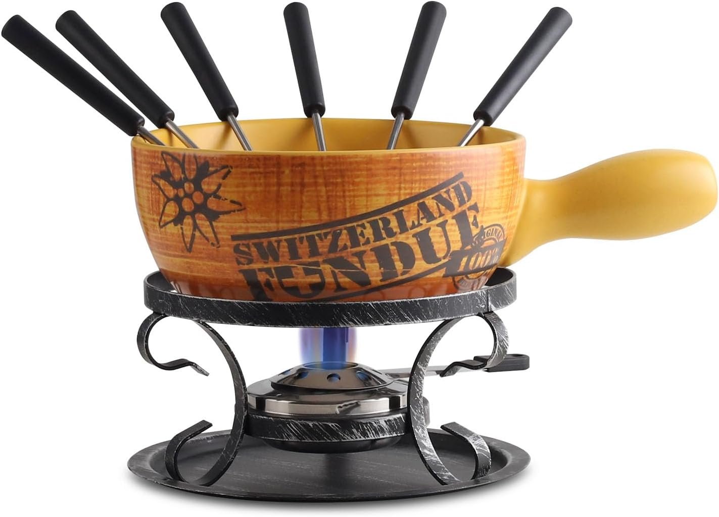 Artestia 2.11-Quart Ceramic Fondue Pot Set for Cheese, Chocolate Melting Pot with 6 Fondue Forks and Swiss Vintage Pattern, Perfect for 6 People, 10 Piece - Image 2