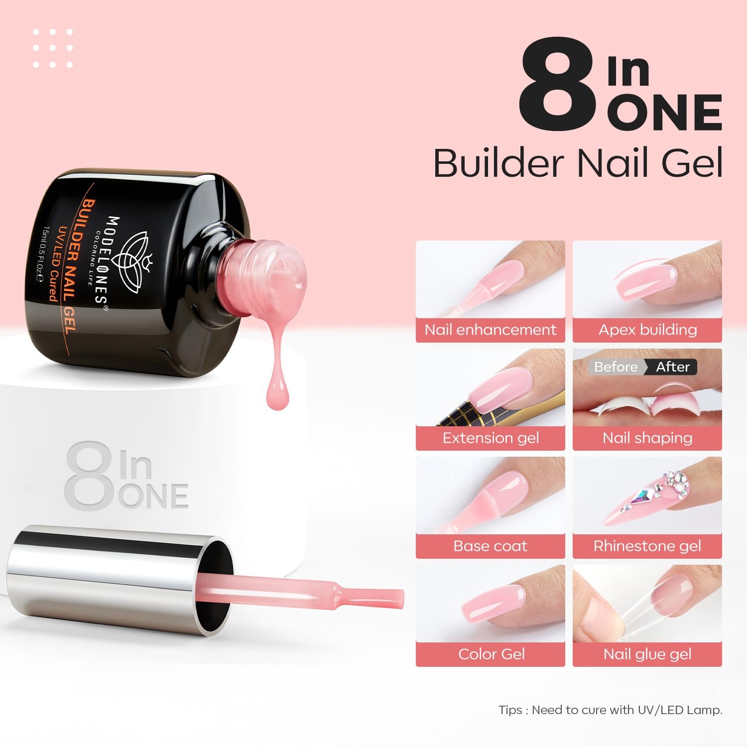 modelones Builder Nail Gel, 8-in-One Neutral Nude Pink Gel Builder for Nail Thickening Apex Building, Rose Blush Pink Rubber Base Gel Polish LED Nail Lamp Cured Hard Gel Nail Strengthener Extend Gel - Image 3