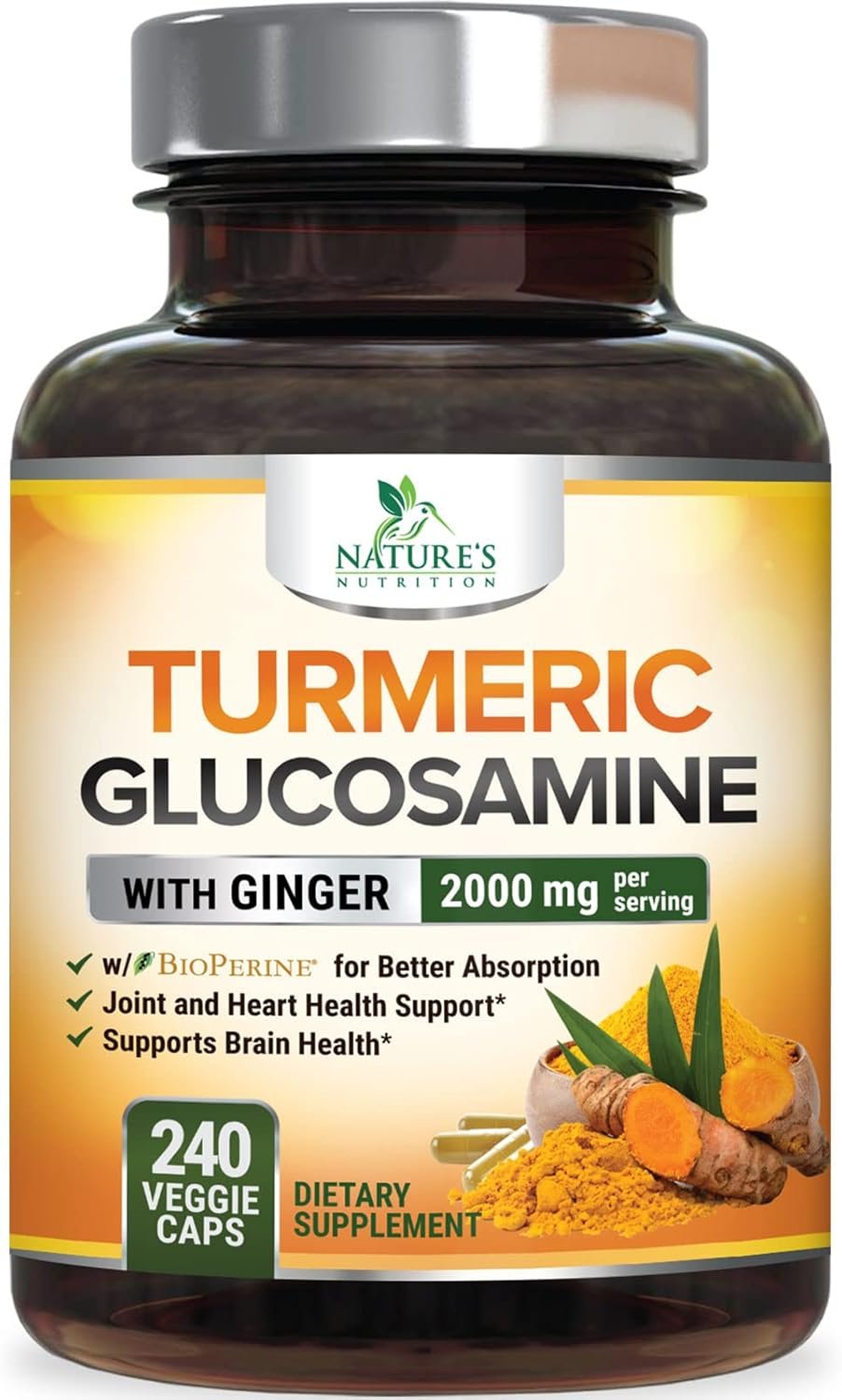 Turmeric Curcumin with BioPerine, Ginger & Glucosamine 95% Curcuminoids 2000mg Black Pepper for Max Absorption Joint Support, Nature's Tumeric Herbal Extract Supplement, Vegan, Non-GMO - 240 Capsules - Image 2