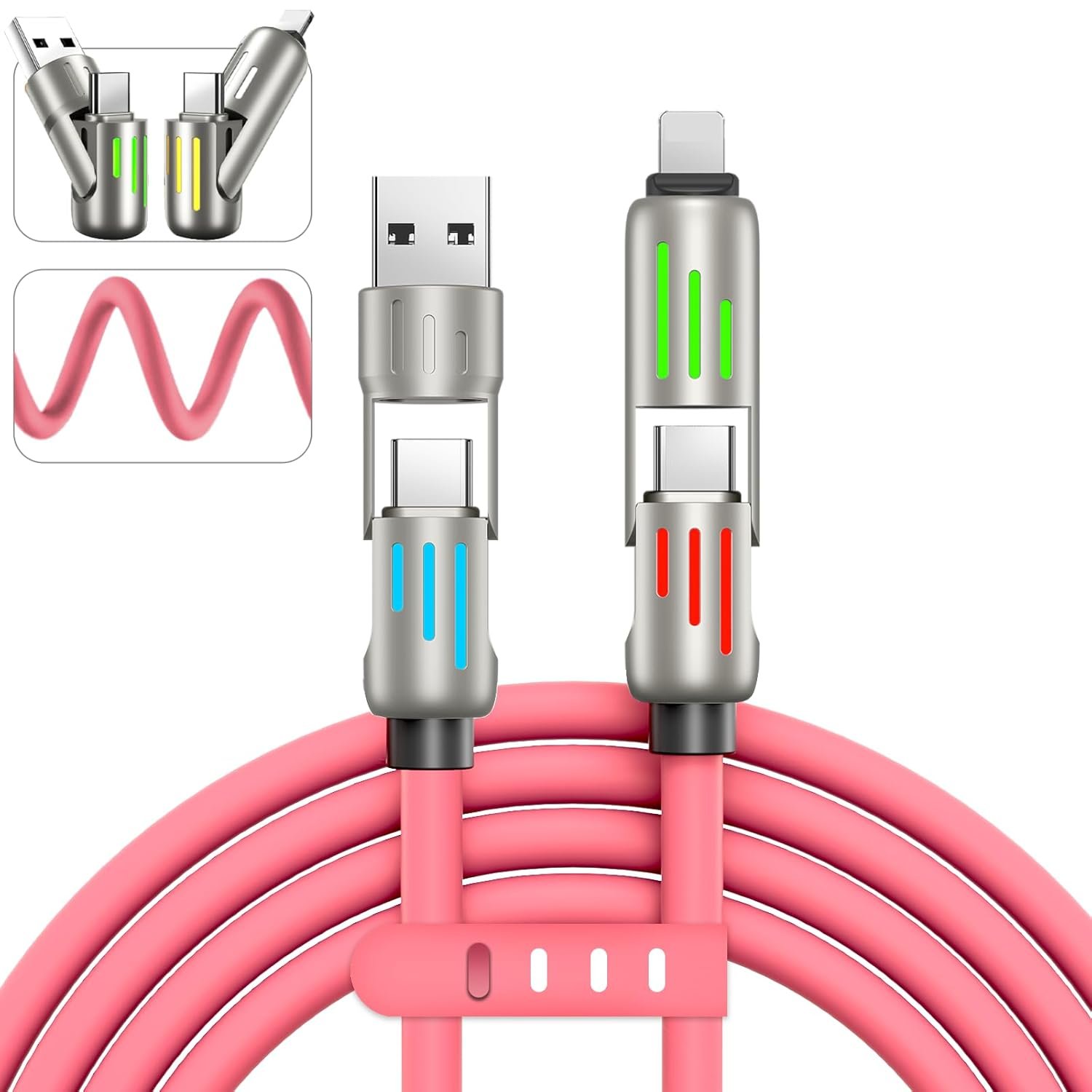 240w 4-in-1 USB C Cable,Multi Charger Cable with Breathing Light, PD 5A Multi Fast Charging & Data Sync Silicone Compatible for iPhone Samsung Laptop Multi Device Charging,4FT(Pink) - Image 2