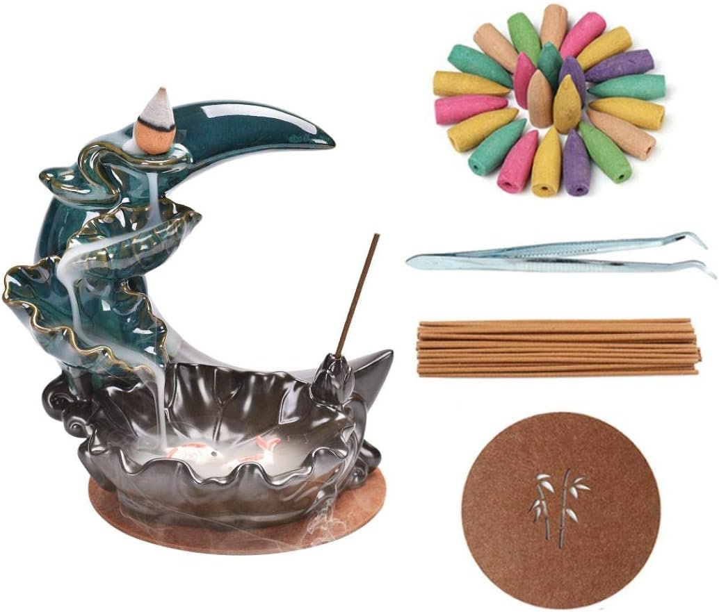 YYW Backflow Incense Holder Incense Burner Waterfall with 20 Incense Cones+30 Incense Stick,Lucky Fish Aromatherapy Ornament Home Decor (Moon and Fish) - Image 2