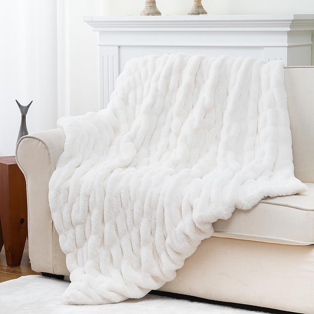 Luxury Concepts Soft Faux Rabbit Fur Throw Blanket - 50" x 60", Elegant Ruched Design Blanket, Machine Washable and Wrinkle Resistant, Lightweight White Throw Blanket for Couch, Sofa and Bed - Image 4