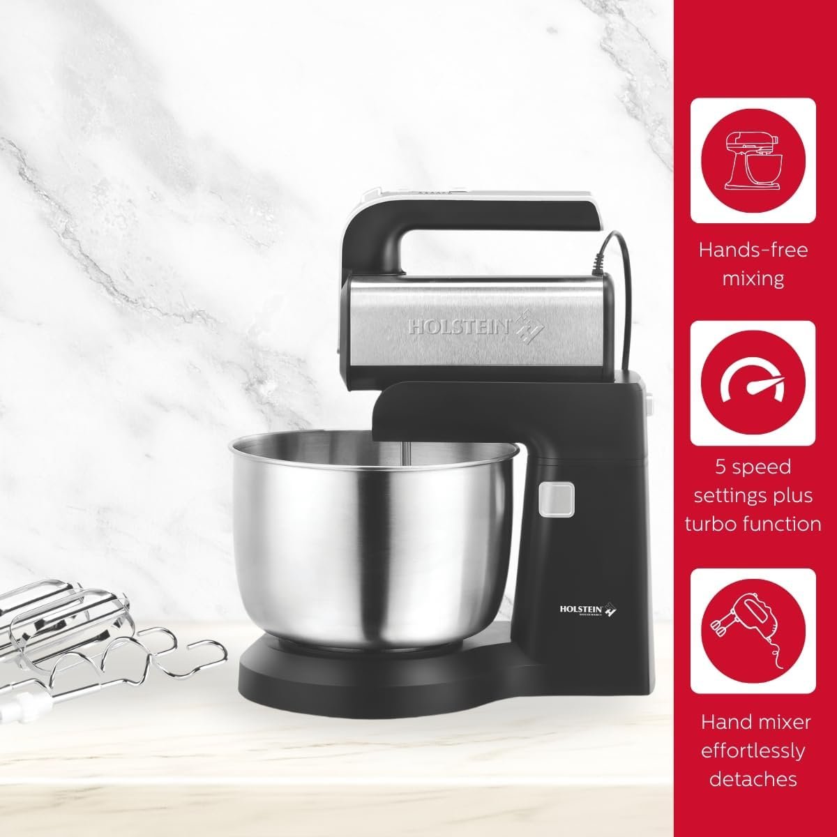 Holstein Housewares 5-Speed Hand and Stand Mixer, 250W Power with LED Light, Black and Stainless Steel – Versatile Mixer for Baking, Whipping, and More - Image 3