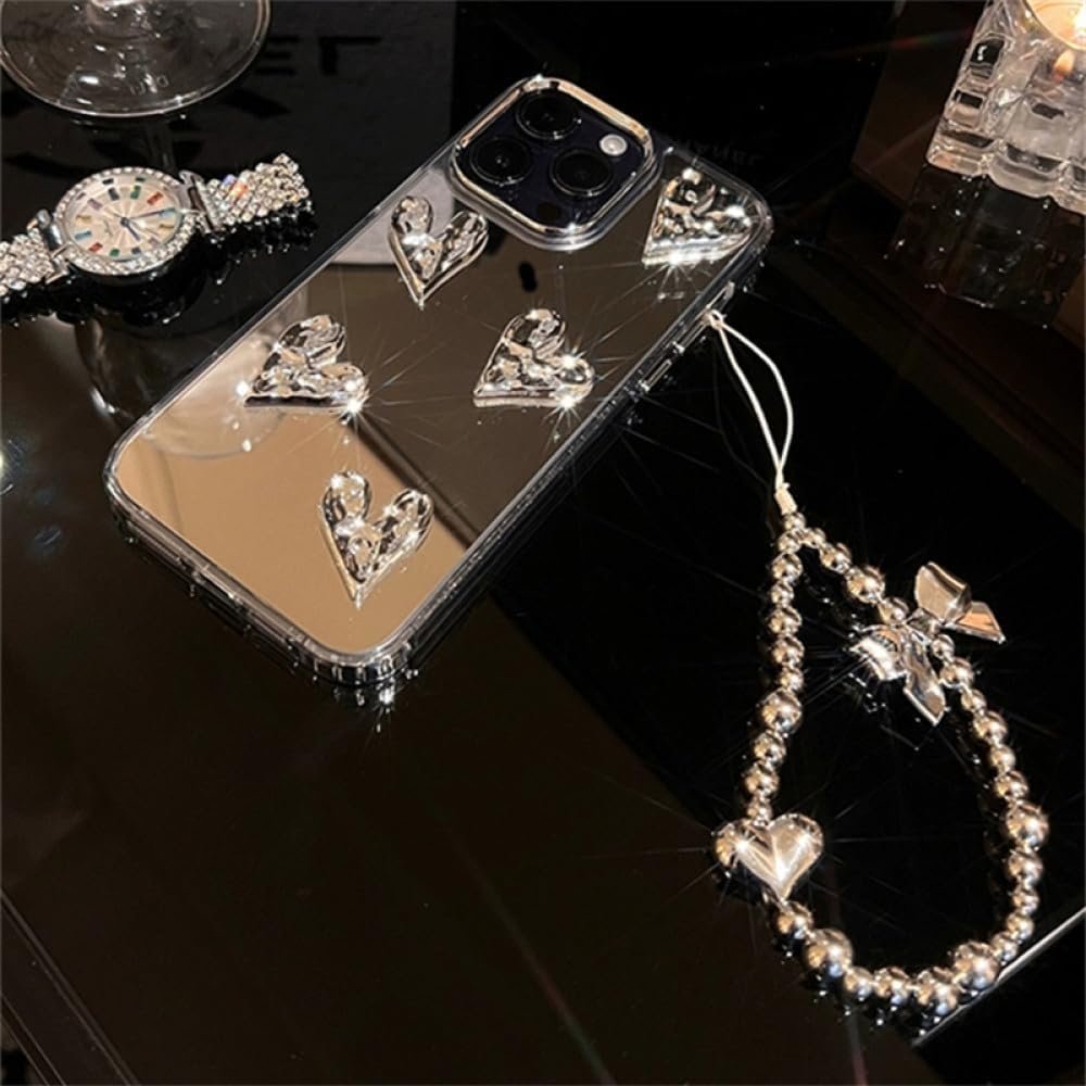 Stylish Korea Cute 3D Heart Bracelet Phone Case for iPhone 15 13 14 11 12 Pro Max Silvery Mirror Cover Girl Electroplated Shell,Silver,for iPhone 15 - Image 8