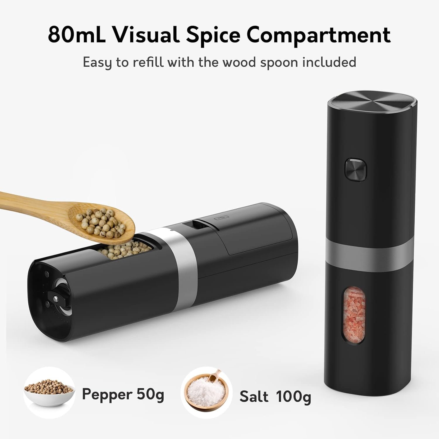 Syaws Pepper Grinder,Electric Salt and Pepper Grinder Set,Rechargeable Pepper Mill-No Battery Needed-Automatic Salt Grinder with Charging Base,Adjustable Coarseness,Blue LED Light,2 Pack - Image 5