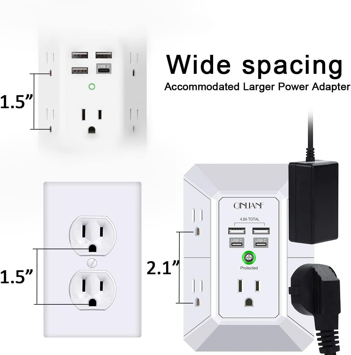 USB Wall Charger, Surge Protector, QINLIANF 5 Outlet Extender with 4 USB Charging Ports (4.8A Total) 3-Sided 1680J Power Strip Multi Plug Outlets Wall Adapter Spaced for Home Travel Office(2U2C),White - Image 7
