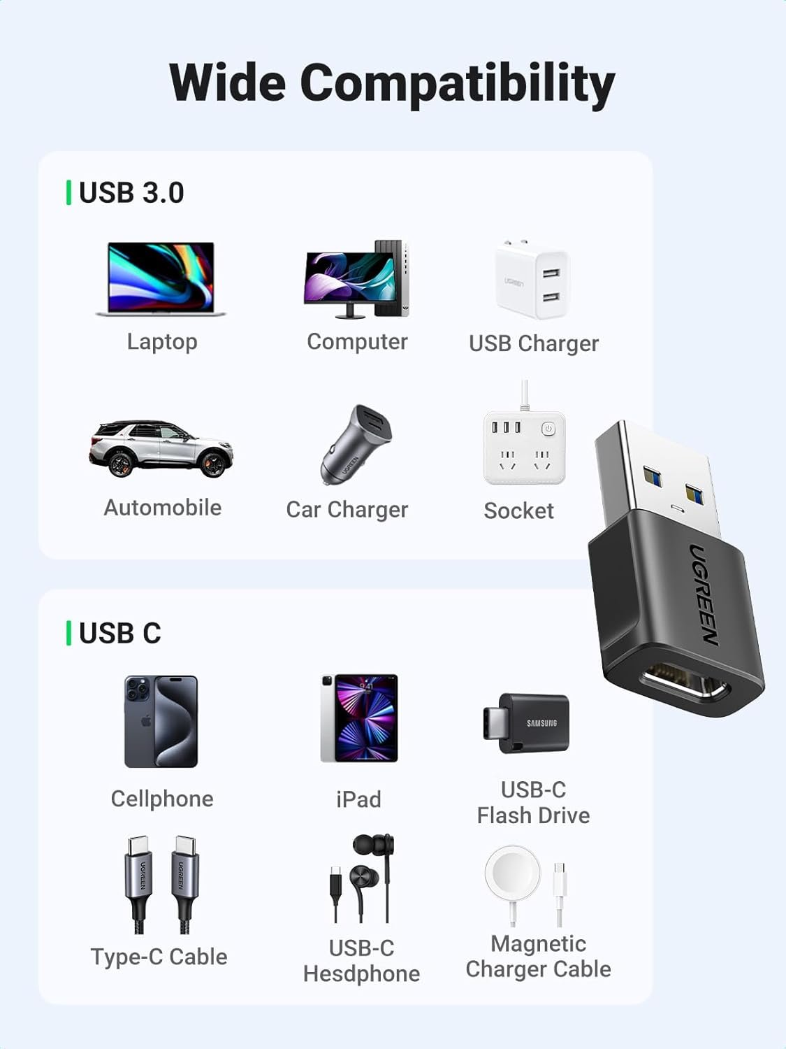 UGREEN 10Gbps USB to USB C Adapter 2Pack, USB C Female to USB Male Adapter USB C Charger Connector for Apple Watch 7 8 9, iPhone 14 13,AirPods,MagSafe Charger,CarPlay,Black - Image 5