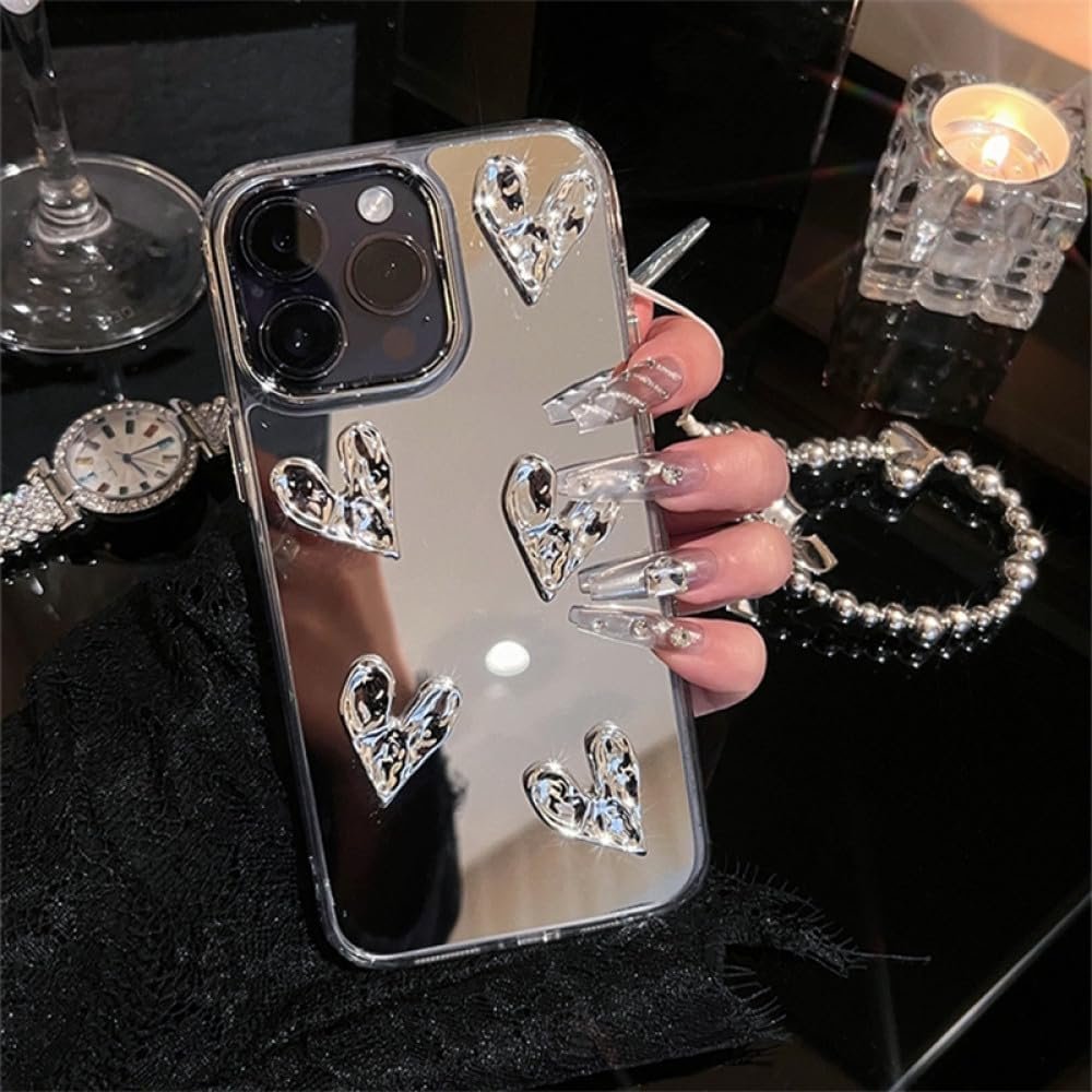 Stylish Korea Cute 3D Heart Bracelet Phone Case for iPhone 15 13 14 11 12 Pro Max Silvery Mirror Cover Girl Electroplated Shell,Silver,for iPhone 15 - Image 4