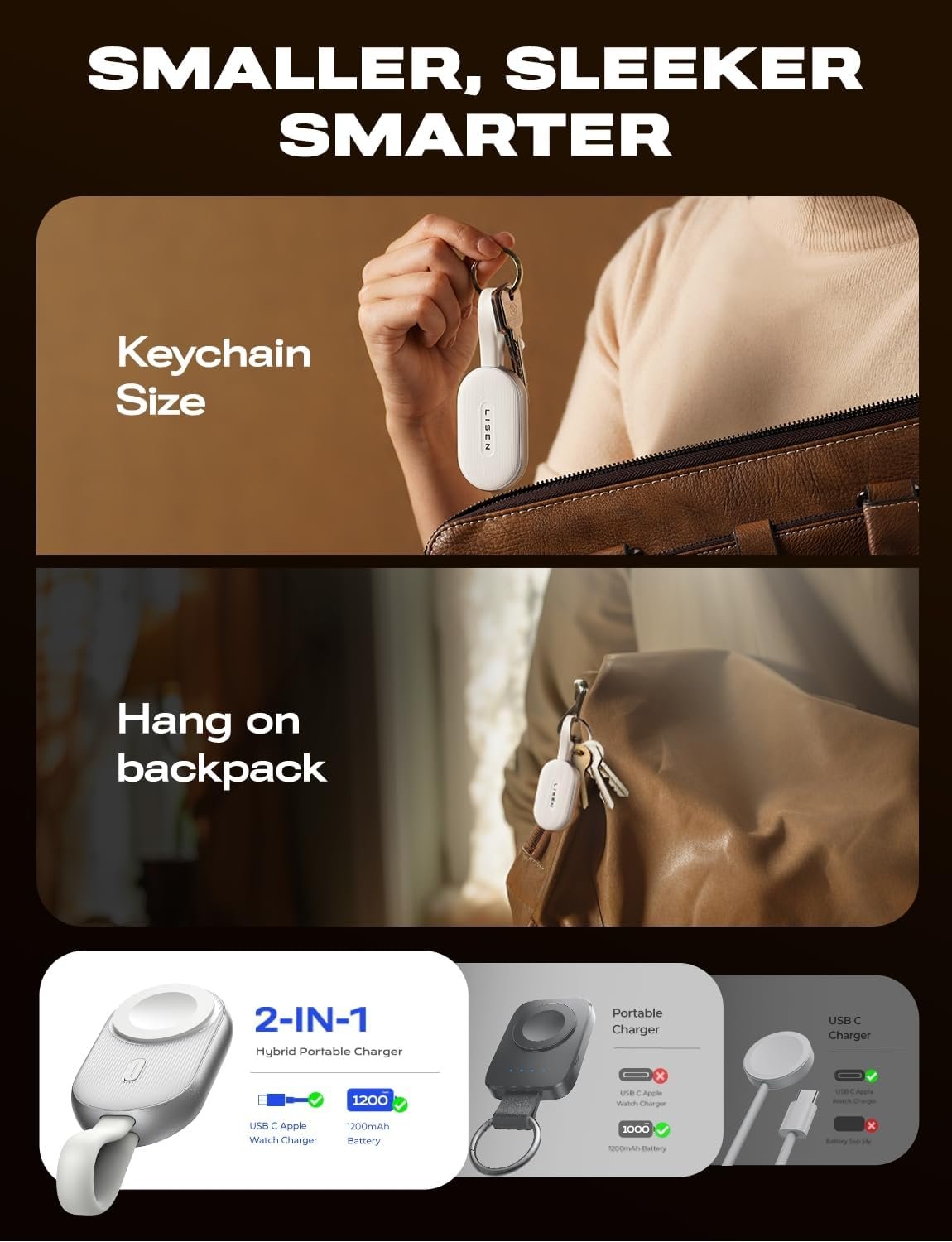 LISEN Portable Charger for Apple Watch 1200mAh Wireless Keychain Watch Charger Fast Charging for Apple Watch Power Bank for Apple Watch Charger Keychain fit Apple Watch Series 10/9/8/7/6/5/4/SE/UItra - Image 4