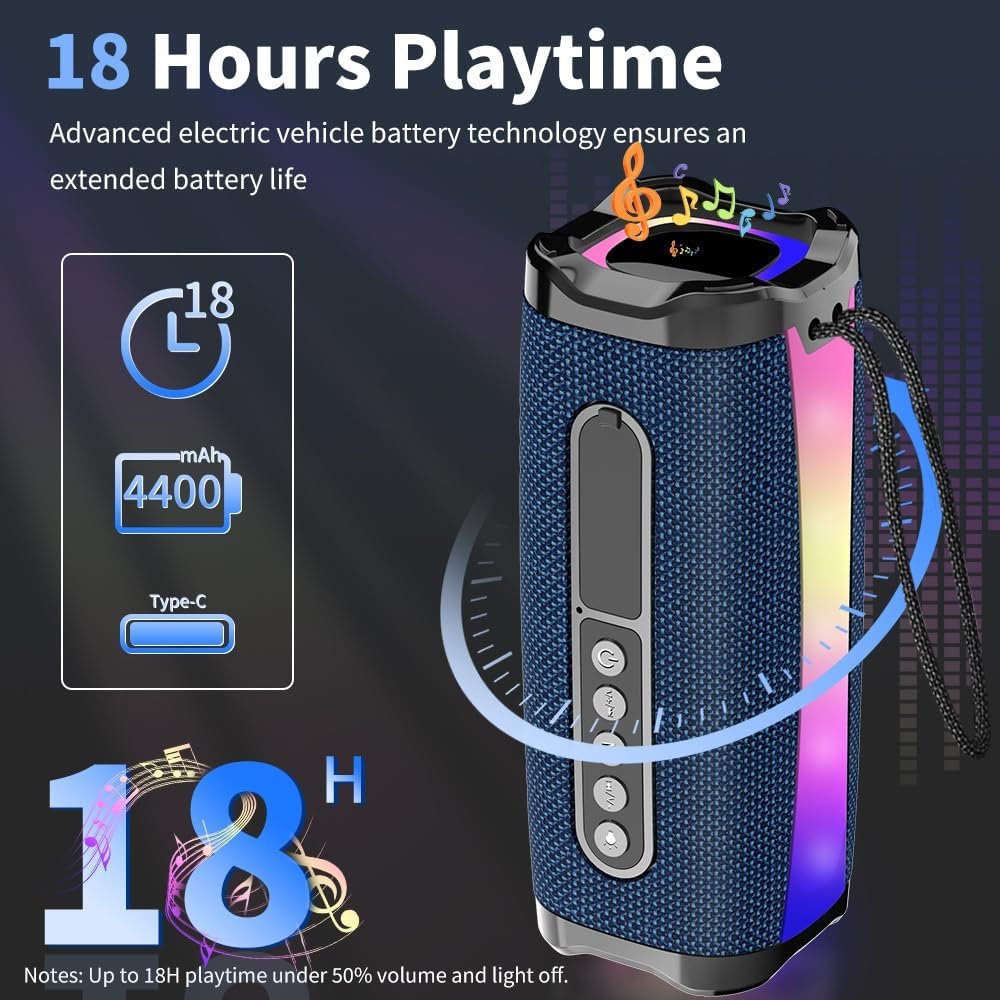 neza Portable Bluetooth Speaker, 20W HD Stereo Sound Wireless Speaker, 18H Playtime Bluetooth Speakers with RGB Flashing Lights, Bluetooth 5.1, IPX7 Waterproof Speakers for Travel/Home/Outdoors Blue - Image 6