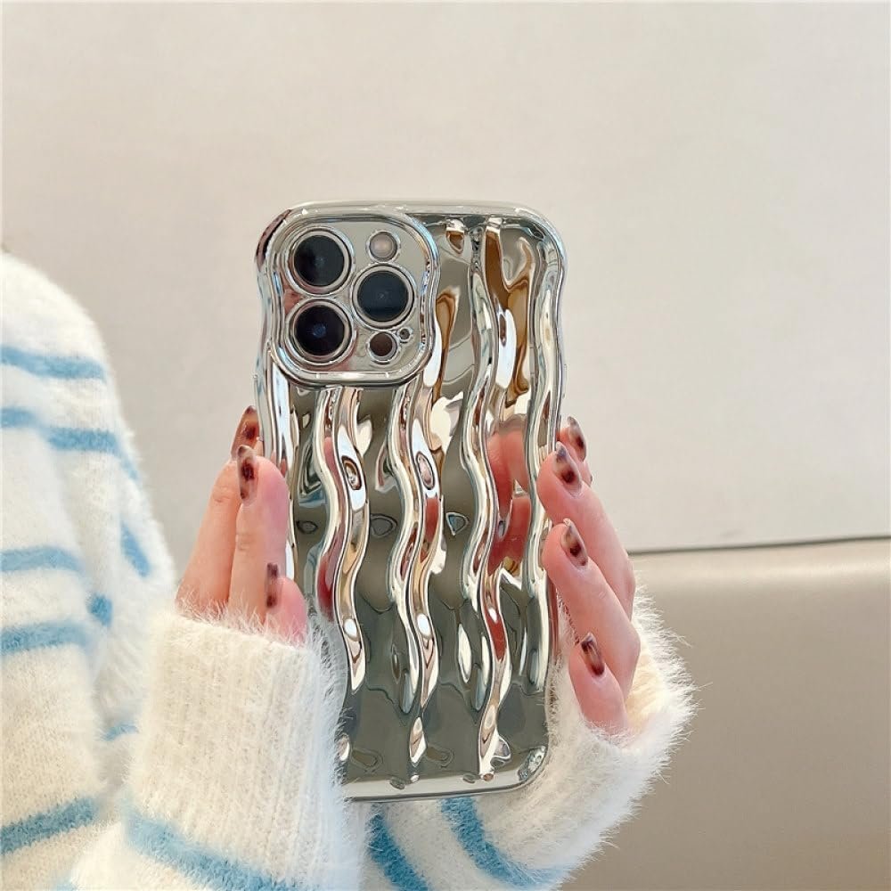 Luxury Electroplated Wavy Pattern Phone Case for iPhone 11 12 13 14 15 Pro Max Candy Bumper Soft Silicone Cases Cover,Silver,for iPhone 14Pro - Image 2