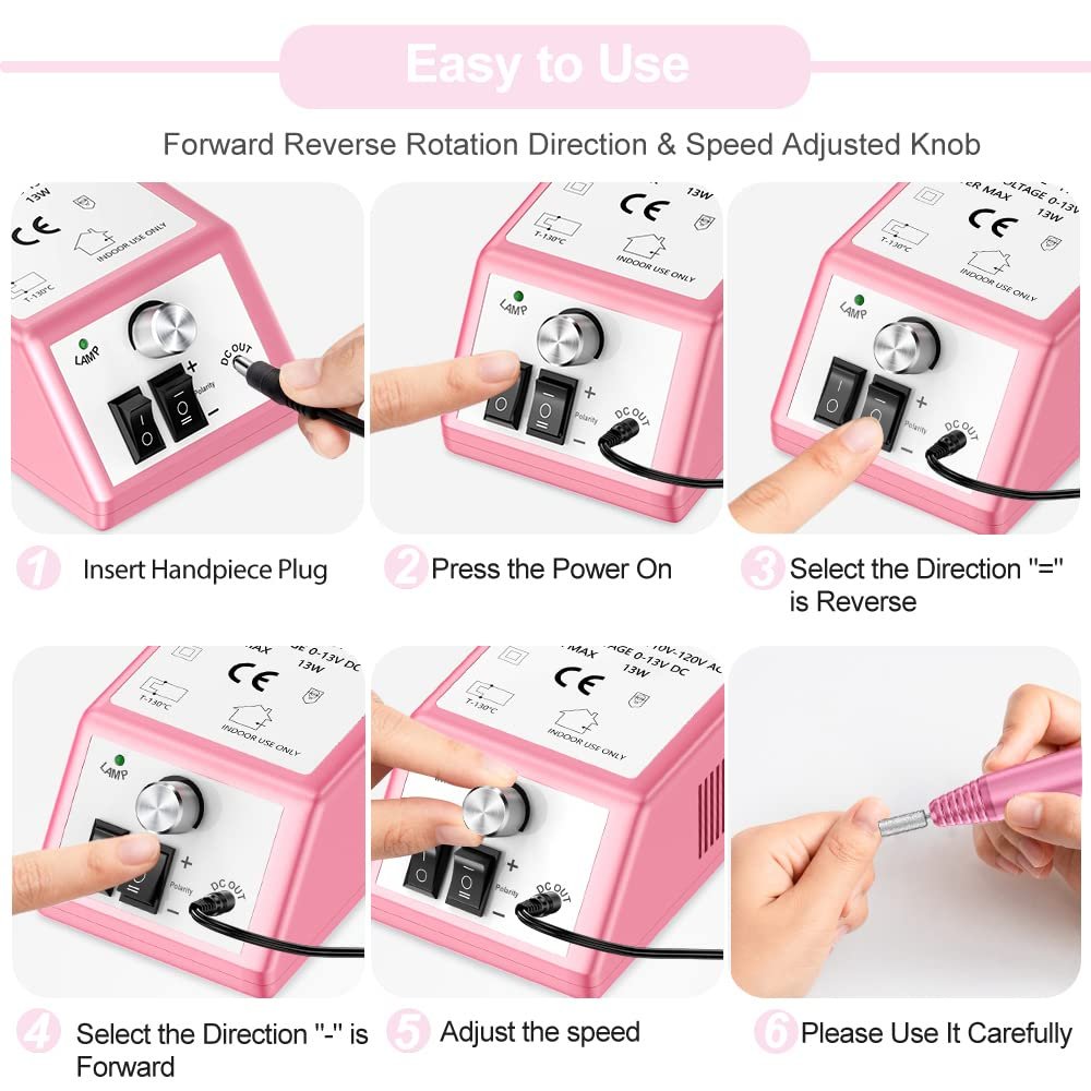 Professional Nail Drill Machine 20000 RPM Efile Electric Nail Filer Kit for Finger Toe Nails, Acrylic Gel Nails, Manicure Pedicure Drill with 6Pcs Nail Bits, 106Pcs Sanding Bands - Pink - Image 8