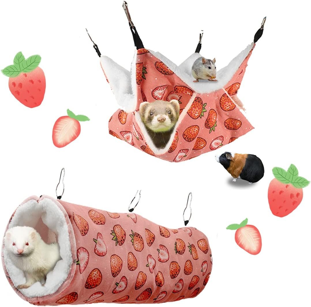 LYART Guinea Pig Rat Ferret Hammock and Warm Bed Small Pet Hideout Tunnel Cave Hanging Bunkbed Hammock Cage Toy for Hamster Sugar Glider Squirrel (3.Hammock & Tunnel) - Image 2