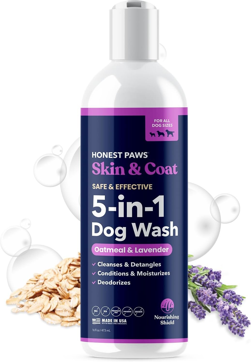 Honest Paws Dog Shampoo and Conditioner - Premium Dog Wash for Allergies and Dry, Itchy, Moisturizing for Sensitive Skin - Sulfate Free, Plant Based, All Natural - Oatmeal & Lavender - 16 Fl Oz - Image 2