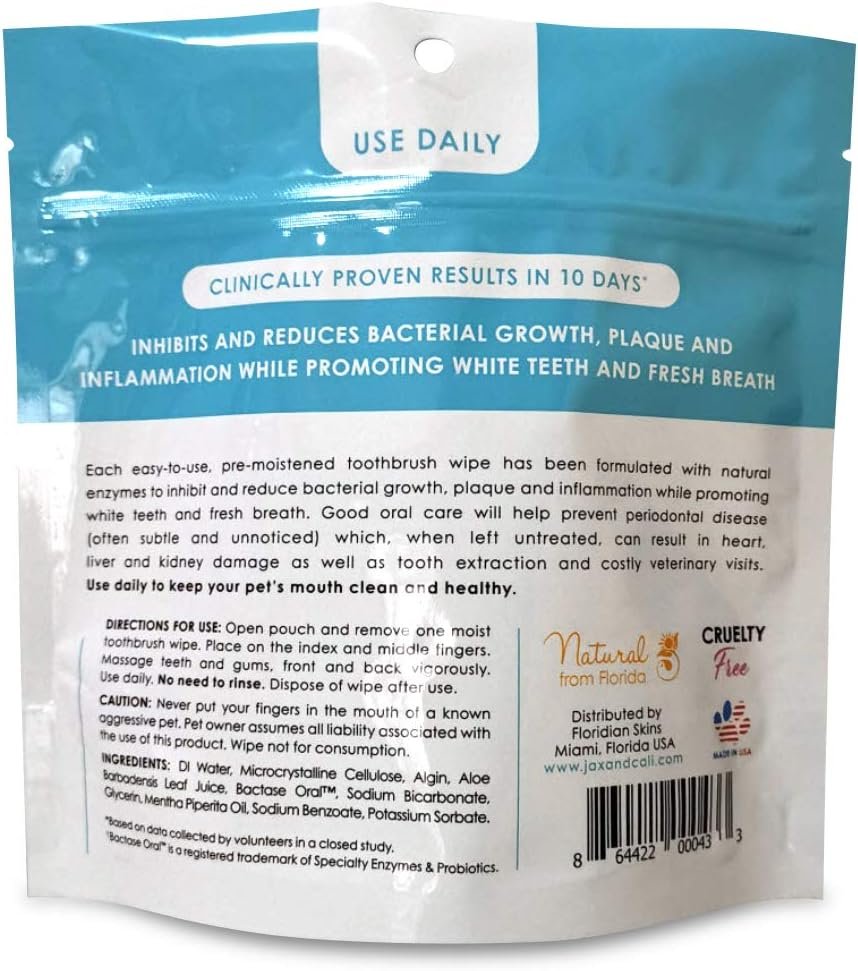 JAX & CALI Pet Toothbrush Wipes, All Natural Textured Dental Wipes, Holistic Pet Oral Care, Cruelty Free, Natural Enzymes Reduce Plaque and Inflammation, Keeps Teeth Clean, For Dogs And Cats, 65 Count - Image 3