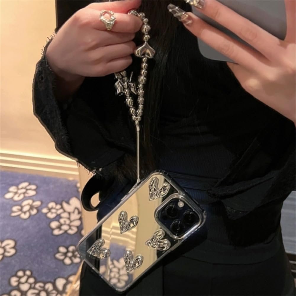 Stylish Korea Cute 3D Heart Bracelet Phone Case for iPhone 15 13 14 11 12 Pro Max Silvery Mirror Cover Girl Electroplated Shell,Silver,for iPhone 15 - Image 6