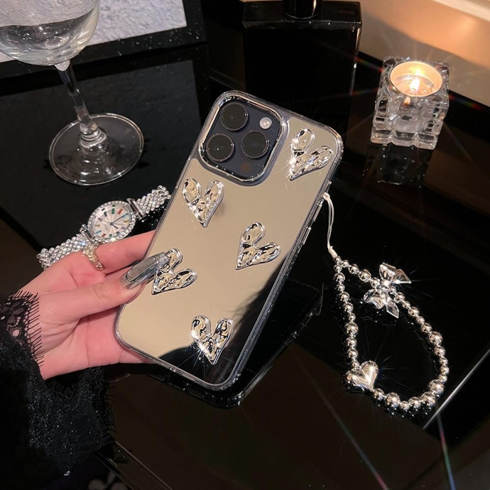Stylish Korea Cute 3D Heart Bracelet Phone Case for iPhone 15 13 14 11 12 Pro Max Silvery Mirror Cover Girl Electroplated Shell,Silver,for iPhone 15 - Image 3