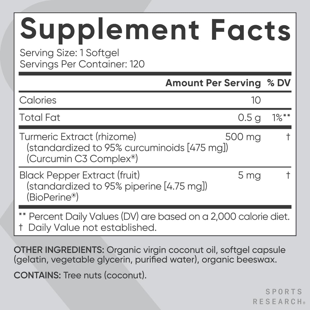 Sports Research Turmeric Curcumin C3 Complex - Softgels with Bioperine Black Pepper Extract & Organic Coconut Oil, Standardized 95% Curcuminoids - Non-GMO Verified & Gluten Free - 500mg, 120 Count - Image 7