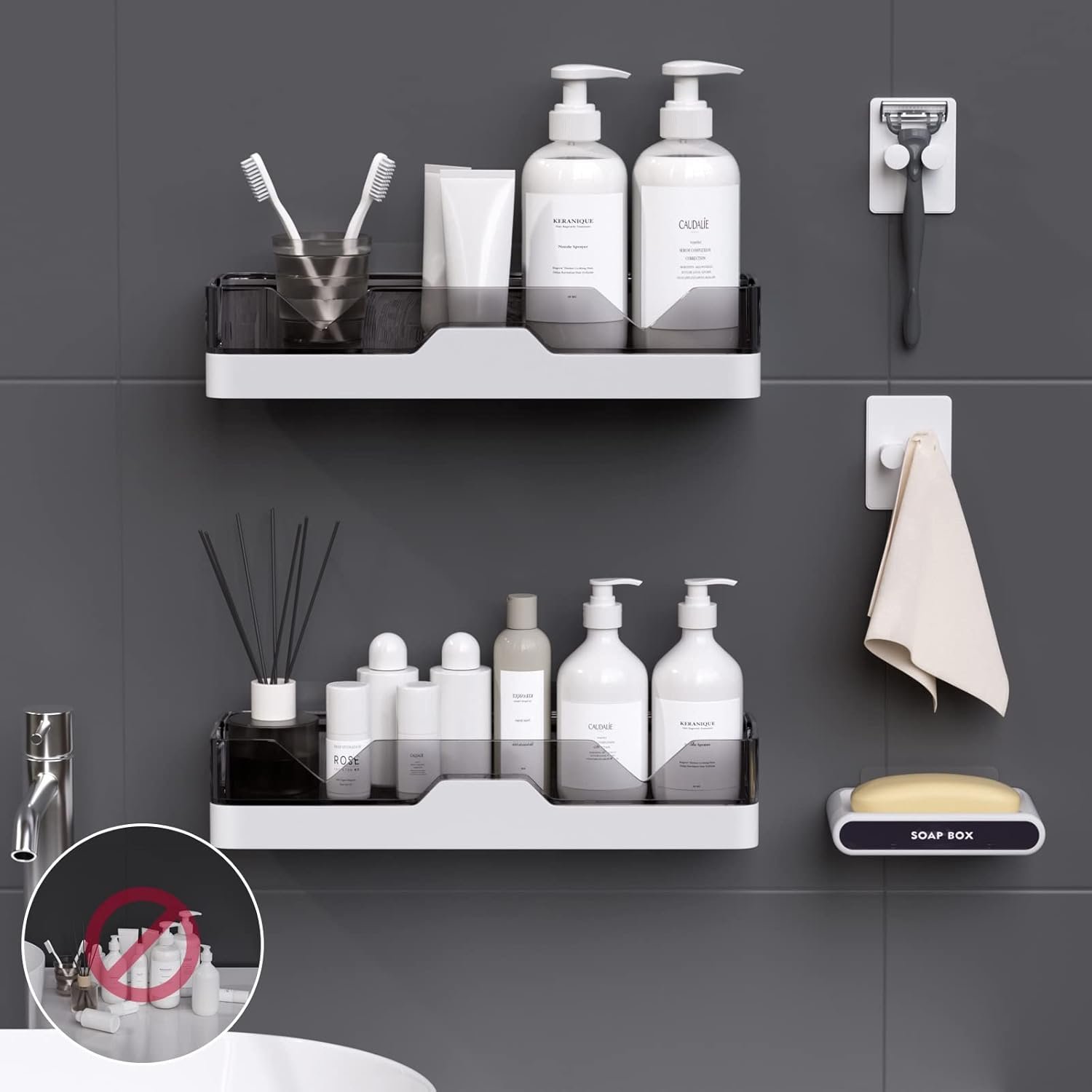 2-Pack Shower Caddy, Adhesive Shower Shelves with Soap Holder and 2 Razor hooks, No Drilling Shower Racks, Used for Bathroom and Kitchen - Image 3
