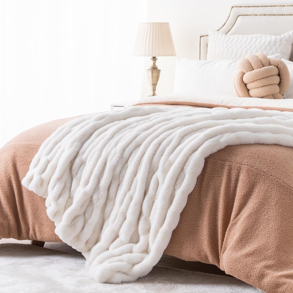 Luxury Concepts Soft Faux Rabbit Fur Throw Blanket - 50" x 60", Elegant Ruched Design Blanket, Machine Washable and Wrinkle Resistant, Lightweight White Throw Blanket for Couch, Sofa and Bed - Image 6