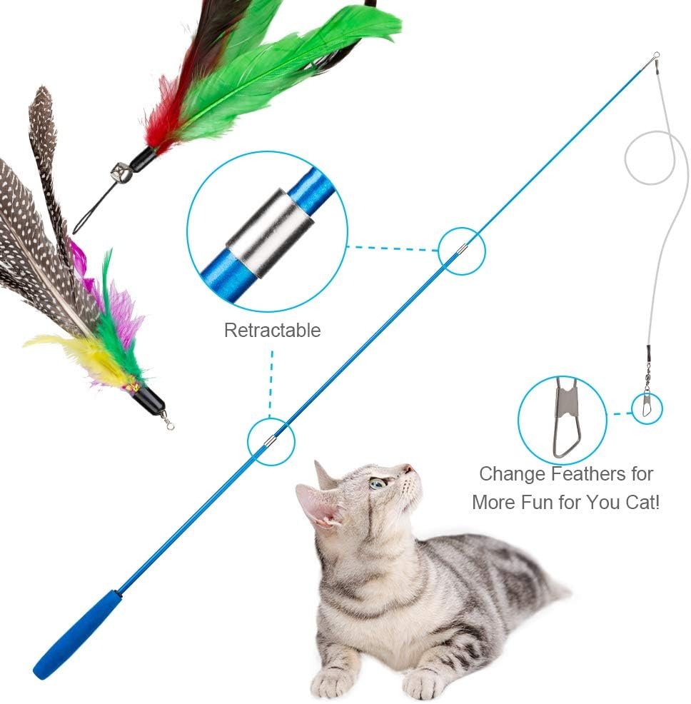 Cat Toys Feather Toy, 2PCS Retractable Wand and 10PCS Replacement Teaser with Bell Refills, Interactive Catcher and Funny Exercise for Kitten. - Image 3