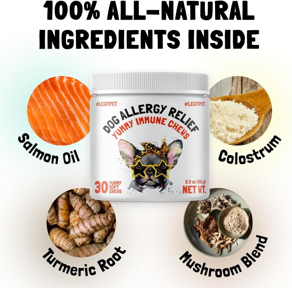 Allergy Relief Chews for Dogs & Immune & Digestive Supplement with Wild Salmon Oil Kelp Colostrum Turmeric Probiotics & Bee Pollen for Seasonal Allergies Anti Itch, Skin Hot Spots 30 Soft Treats - Image 5