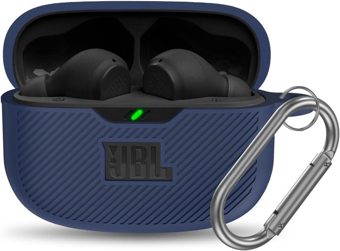 for JBL Vibe 200TWS/JBL Vibe Beam Case Cover, Silicone Protective Shock Cover Compatible with JBL Vibe 200TWS & JBL Vibe Beam True Wireless Headphones Charging Case with Carabiner(Blue) - Image 2