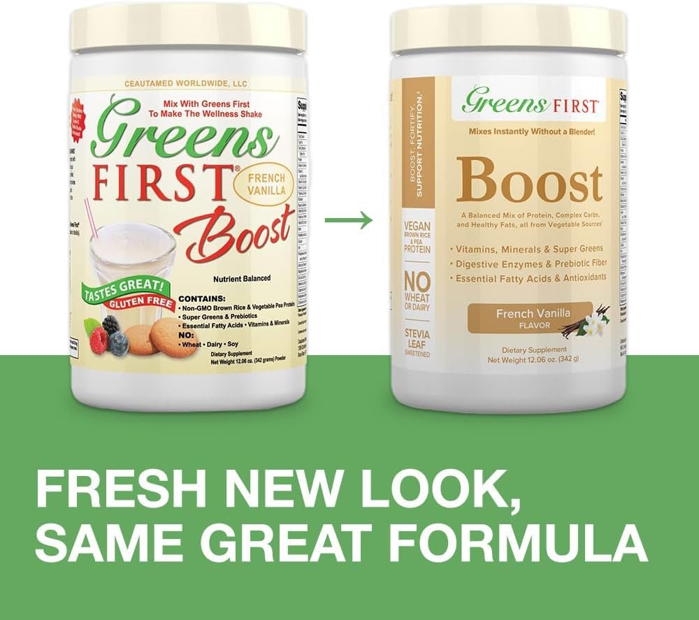 Greens First Boost - Plant-Based Protein & Balanced Nutrition - Superfood Shake Mix - No Wheat or Soy - Dairy-Free - Vegan - French Vanilla, 12.06 oz. - Image 3