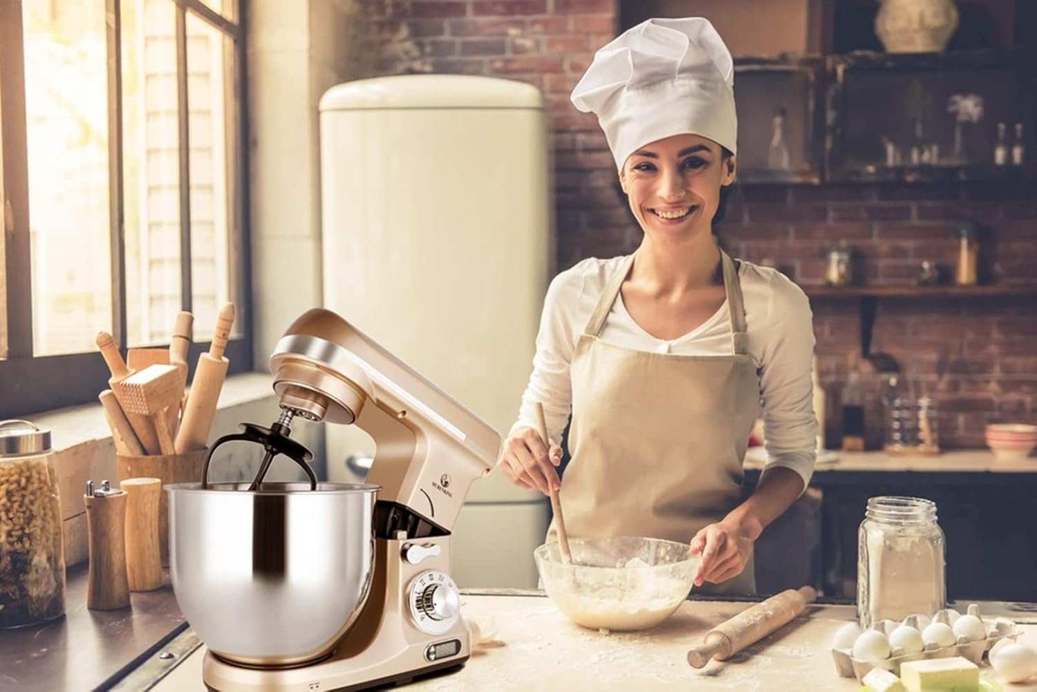 Professional Stand Mixer, 6-Qt with Timer, MK37 500W 6-Speed Tilt-Head Food Electric Mixer Kitchen Machine,Plastic (Champagne) - Image 10