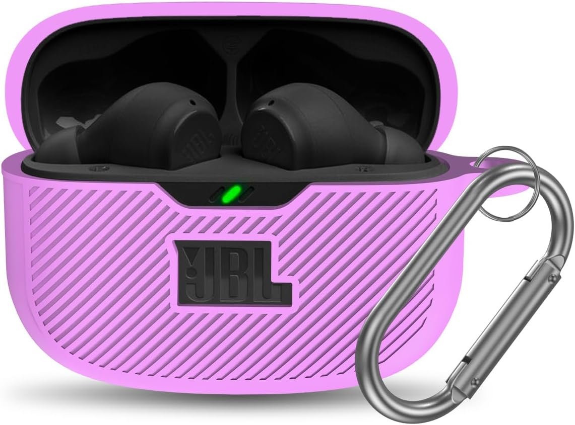 for JBL Vibe 200TWS/JBL Vibe Beam Case Cover, Silicone Protective Shock Cover Compatible with JBL Vibe 200TWS & JBL Vibe Beam True Wireless Headphones Charging Case with Carabiner(Purple) - Image 2