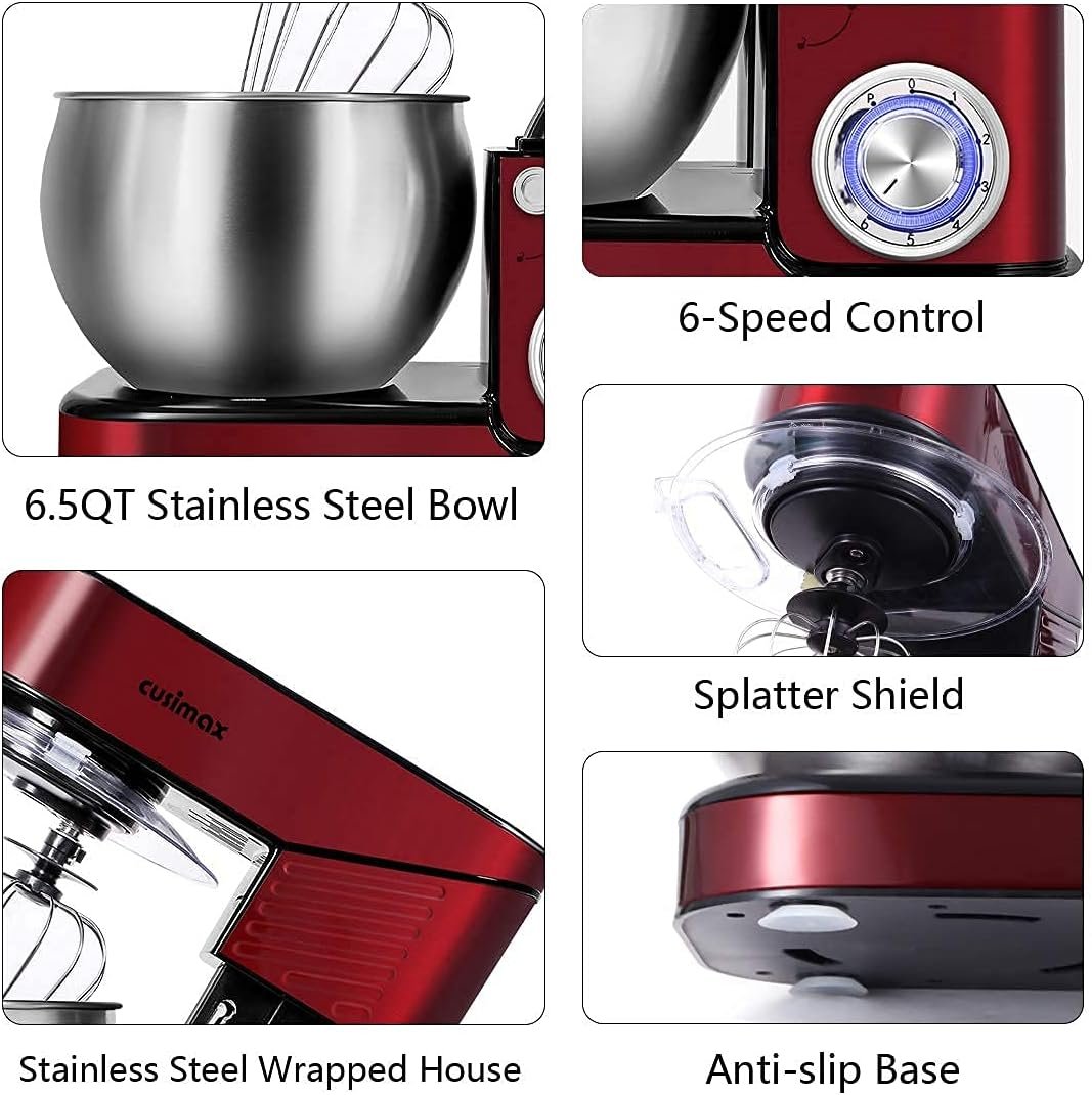 Stand Mixer, CUSIMAX 6.5QT Stainless Steel kitchen Electric Mixer 6-Speeds Tilt-Head Dough Mixers for Home Use with Dough Hook, Wire Whisk & Flat Beater, Splash Guard, Red - Image 6