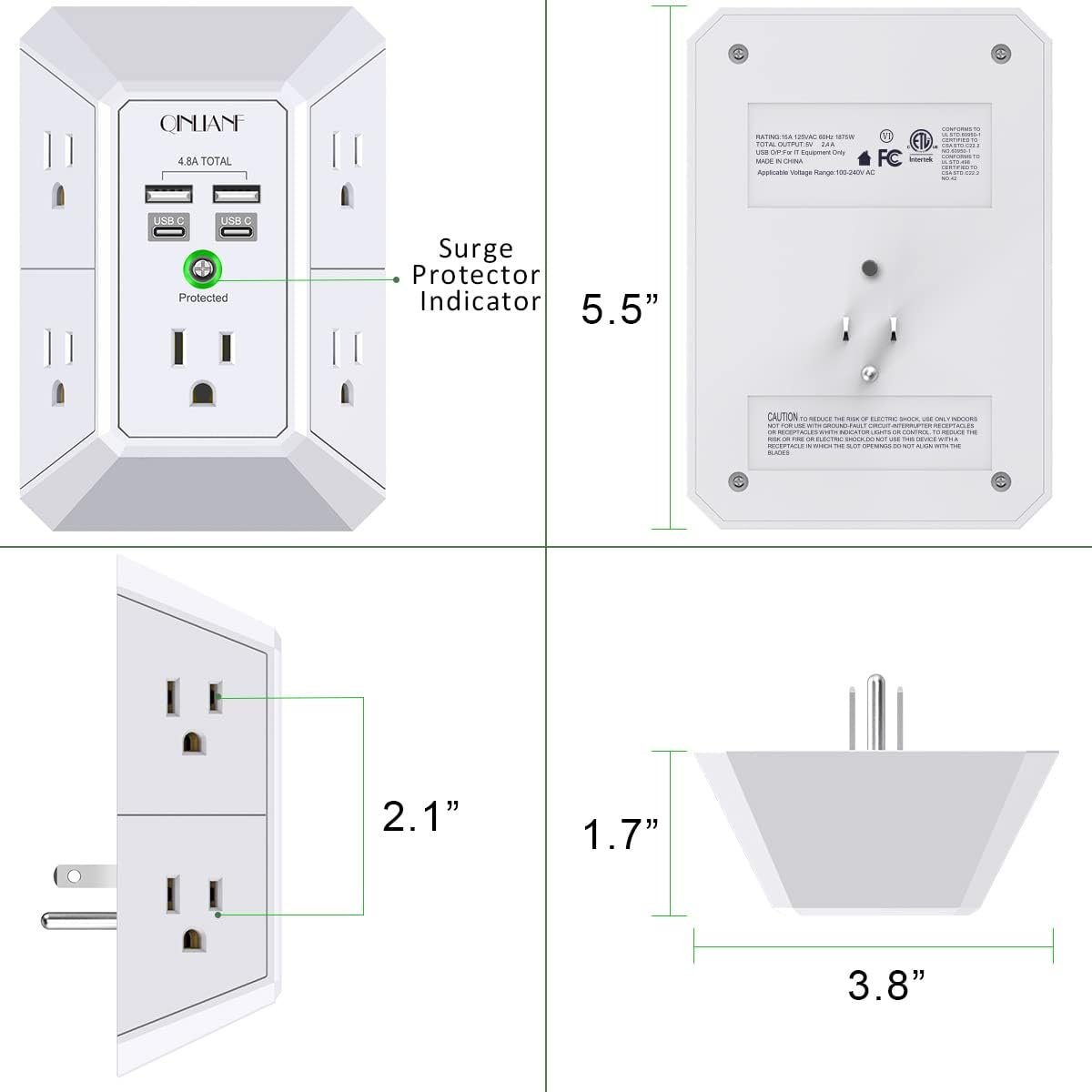 USB Wall Charger, Surge Protector, QINLIANF 5 Outlet Extender with 4 USB Charging Ports (4.8A Total) 3-Sided 1680J Power Strip Multi Plug Outlets Wall Adapter Spaced for Home Travel Office(2U2C),White - Image 8