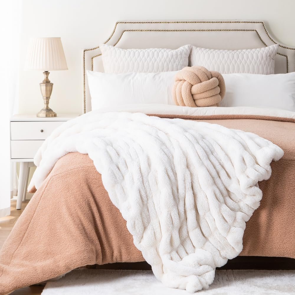 Luxury Concepts Soft Faux Rabbit Fur Throw Blanket - 50" x 60", Elegant Ruched Design Blanket, Machine Washable and Wrinkle Resistant, Lightweight White Throw Blanket for Couch, Sofa and Bed - Image 5