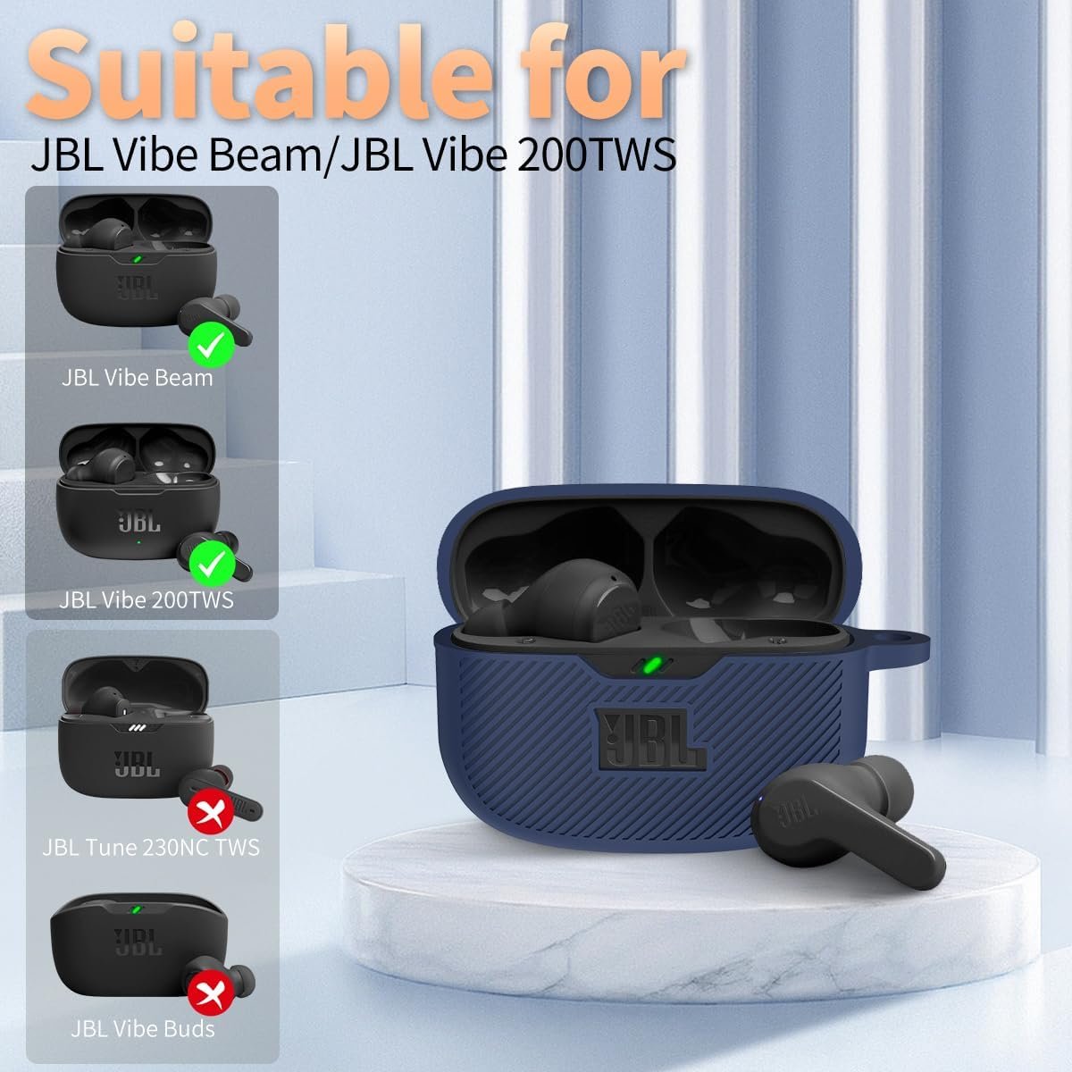 for JBL Vibe 200TWS/JBL Vibe Beam Case Cover, Silicone Protective Shock Cover Compatible with JBL Vibe 200TWS & JBL Vibe Beam True Wireless Headphones Charging Case with Carabiner(Blue) - Image 6