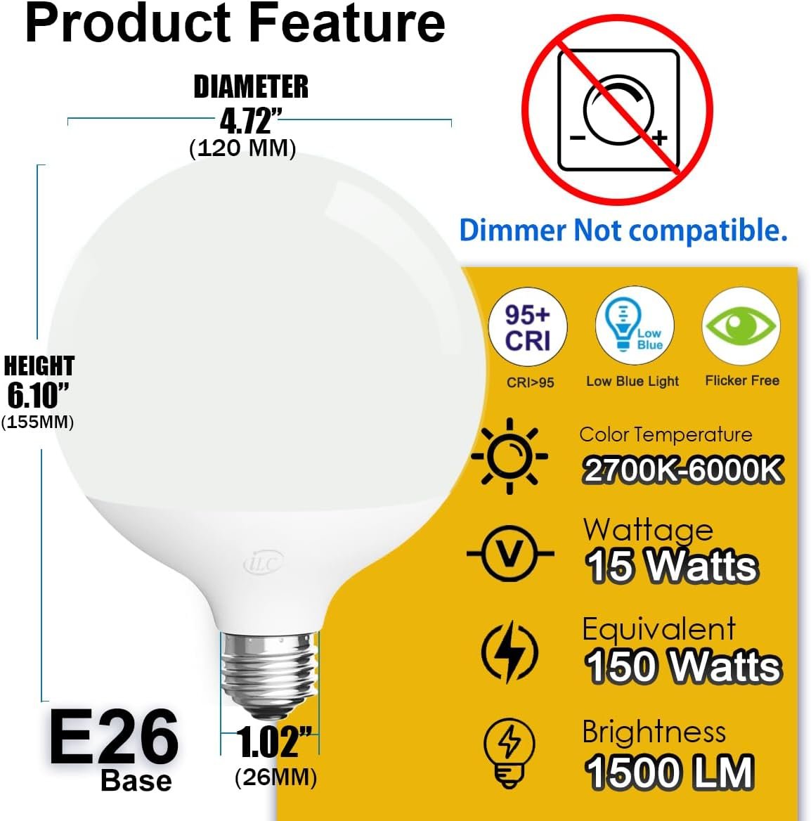 ILC G120 LED Large Globe Light Bulbs 15W, Work with Alexa Required Echo Device, Φ4.72 inch, Color Changing, CCT Color Temprature Turnable 2700K-6000K, CRI>95+, 150W Equivatlent, E26 Base (2 Pack) - Image 4
